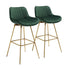 Set of Two 29" Green And Gold Velvet And Metal Swivel Low Back Bar Height Bar Chairs