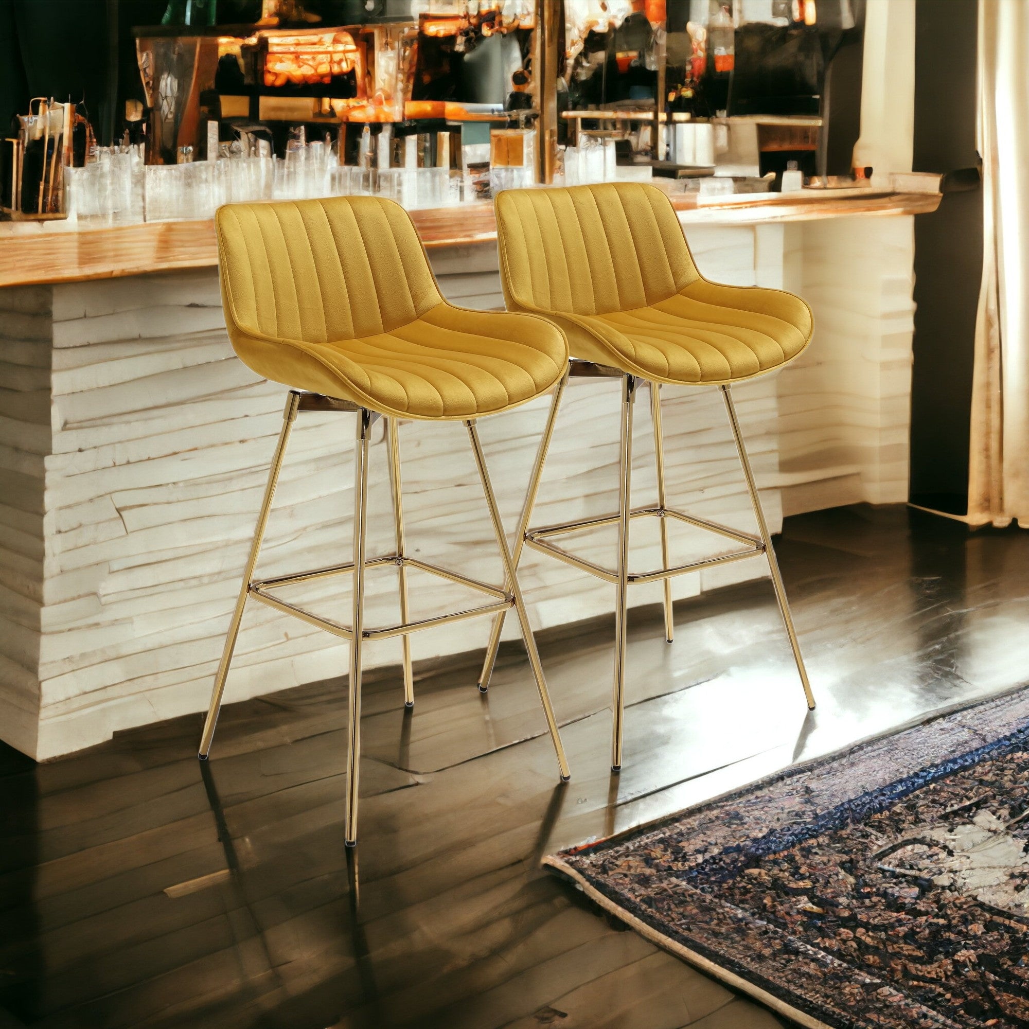 Set of Two 29" Yellow And Gold Velvet And Metal Swivel Low Back Bar Height Bar Chairs