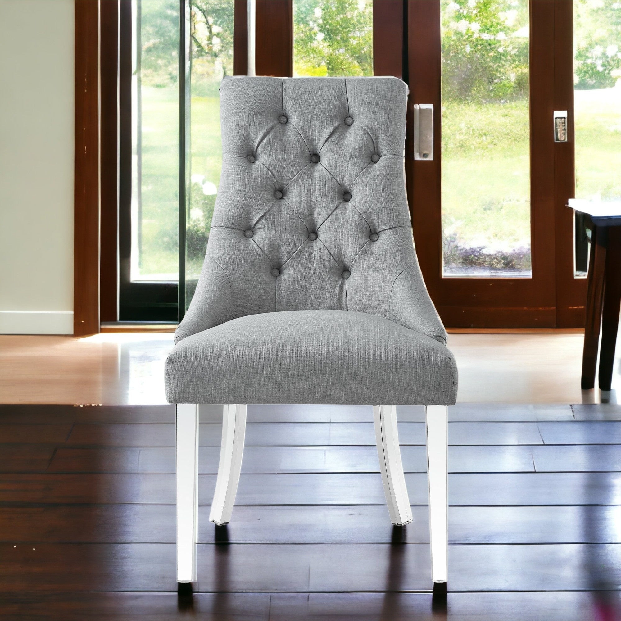 Set of Two Tufted Light Gray and Clear Upholstered Linen Dining Side Chairs