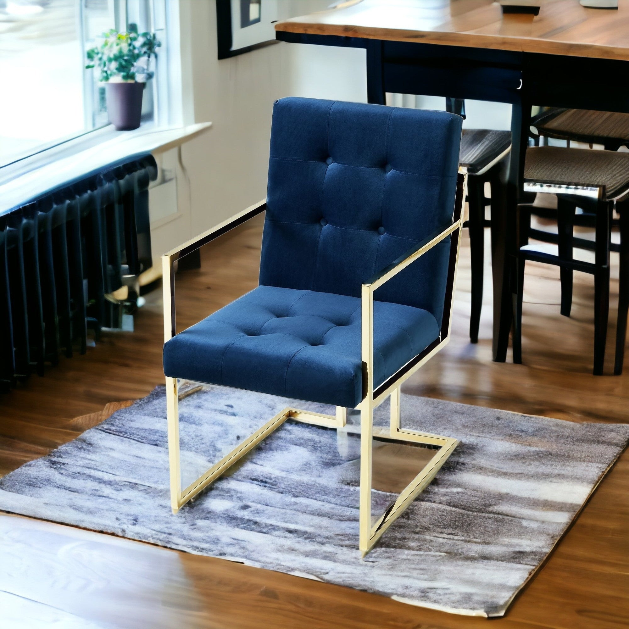 Set of Two Tufted Navy Blue and Gold Upholstered Velvet Dining Arm Chairs