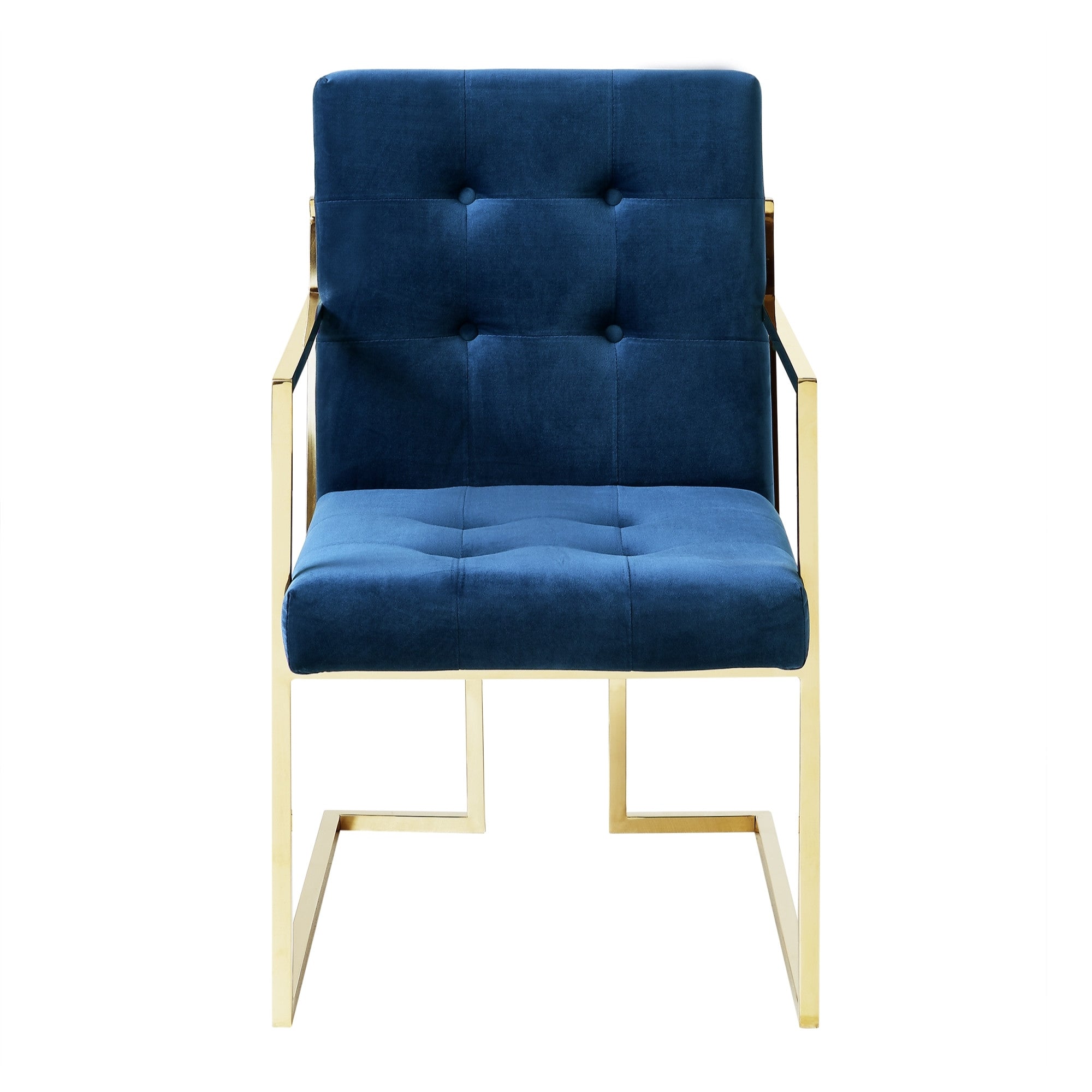 Set of Two Tufted Navy Blue and Gold Upholstered Velvet Dining Arm Chairs