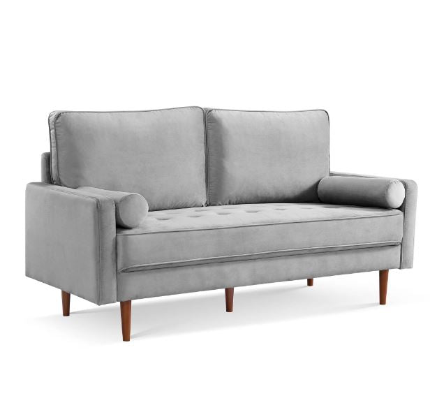 69" Gray Velvet Sofa And Toss Pillows With Dark Brown Legs