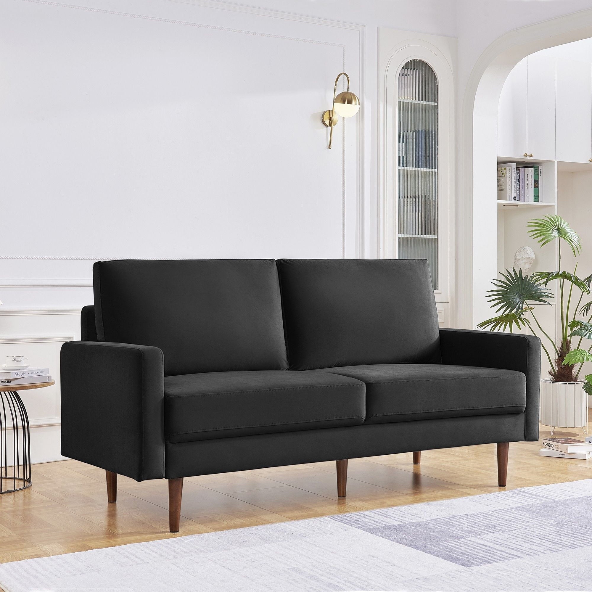 69" Black Velvet Sofa With Dark Brown Legs