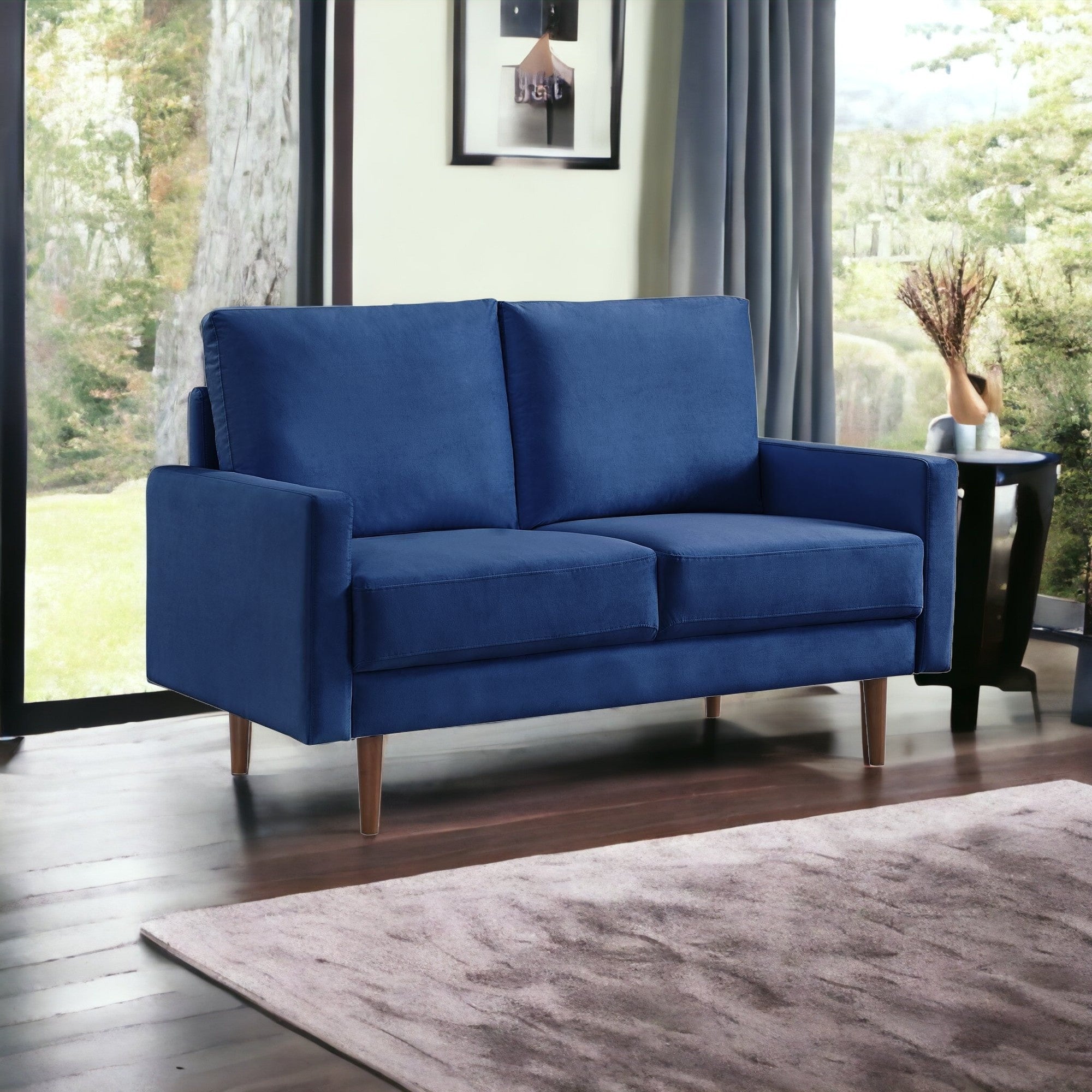 57" Blue And Dark Brown Velvet Loveseat