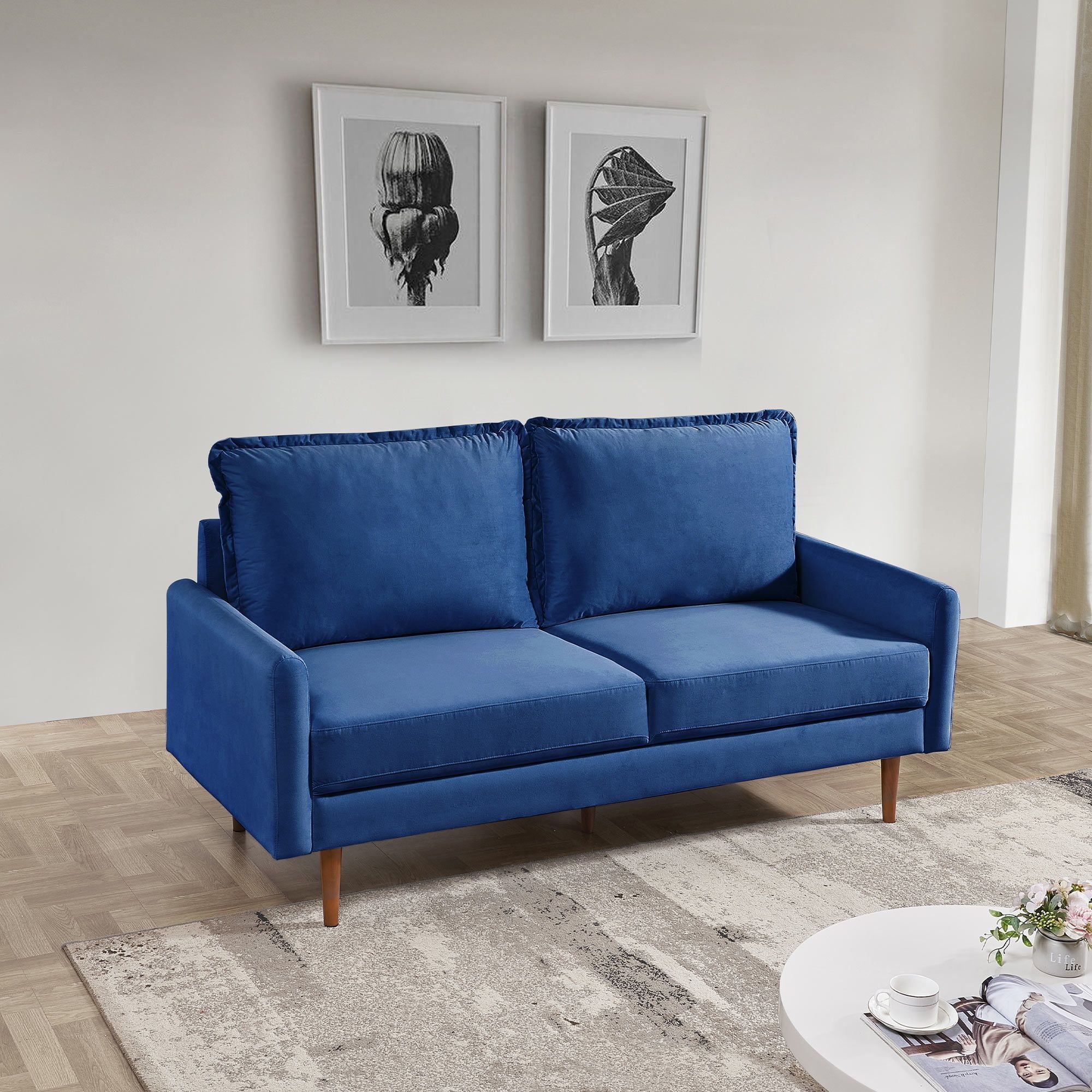 69" Blue Velvet Sofa With Dark Brown Legs