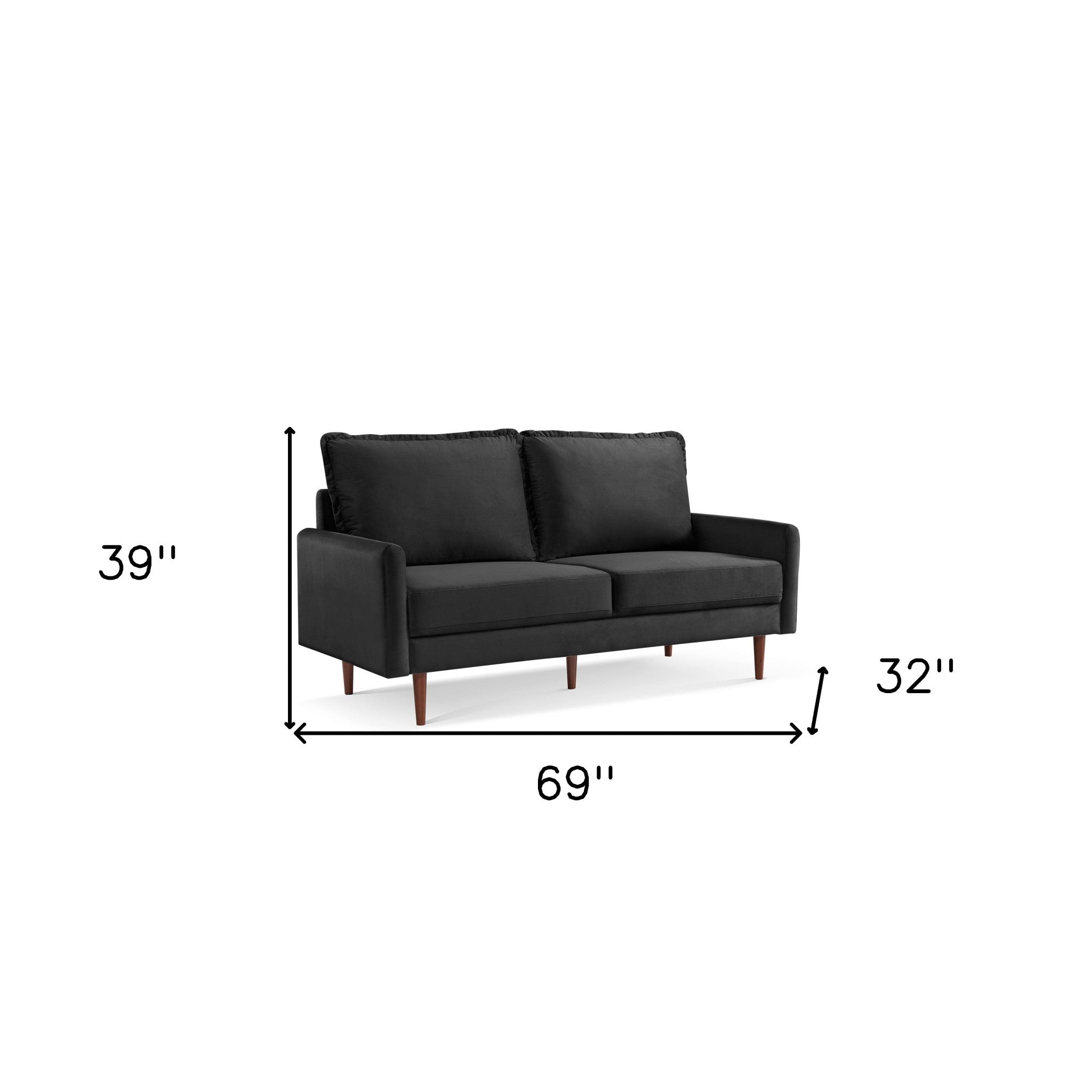 69" Black Velvet Sofa With Dark Brown Legs