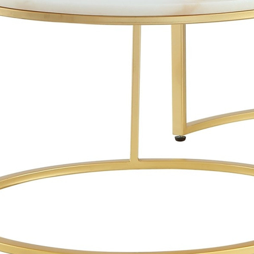 Set of Two White And Gold Genuine Marble And Iron Round Nested Coffee Tables