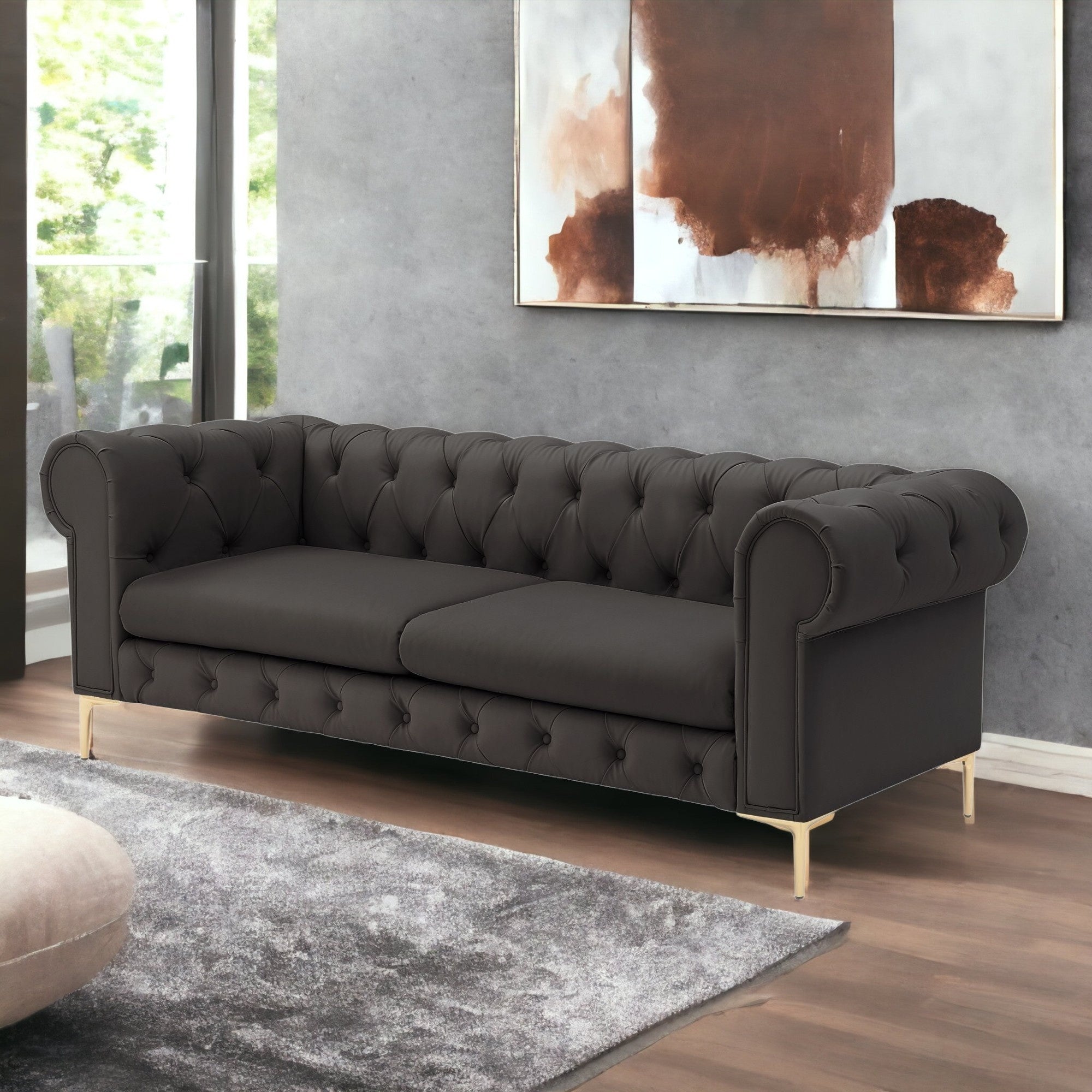 87" Brown Faux Leather Chesterfield Sofa With Gold Legs