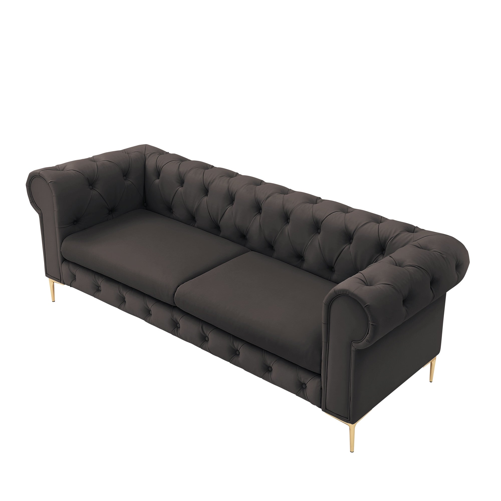 87" Brown Faux Leather Chesterfield Sofa With Gold Legs