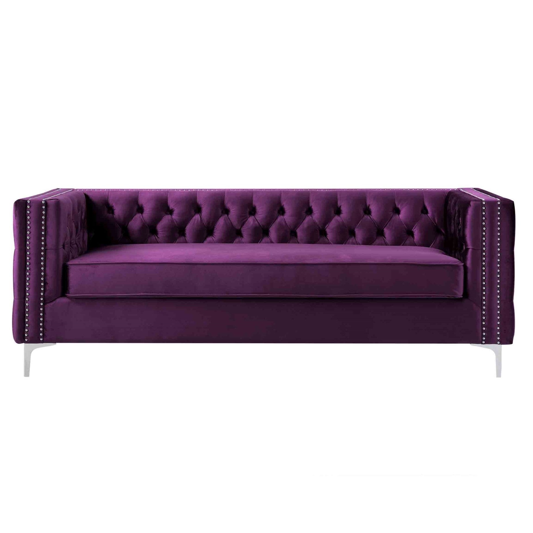 84" Purple And Silver Velvet Sofa