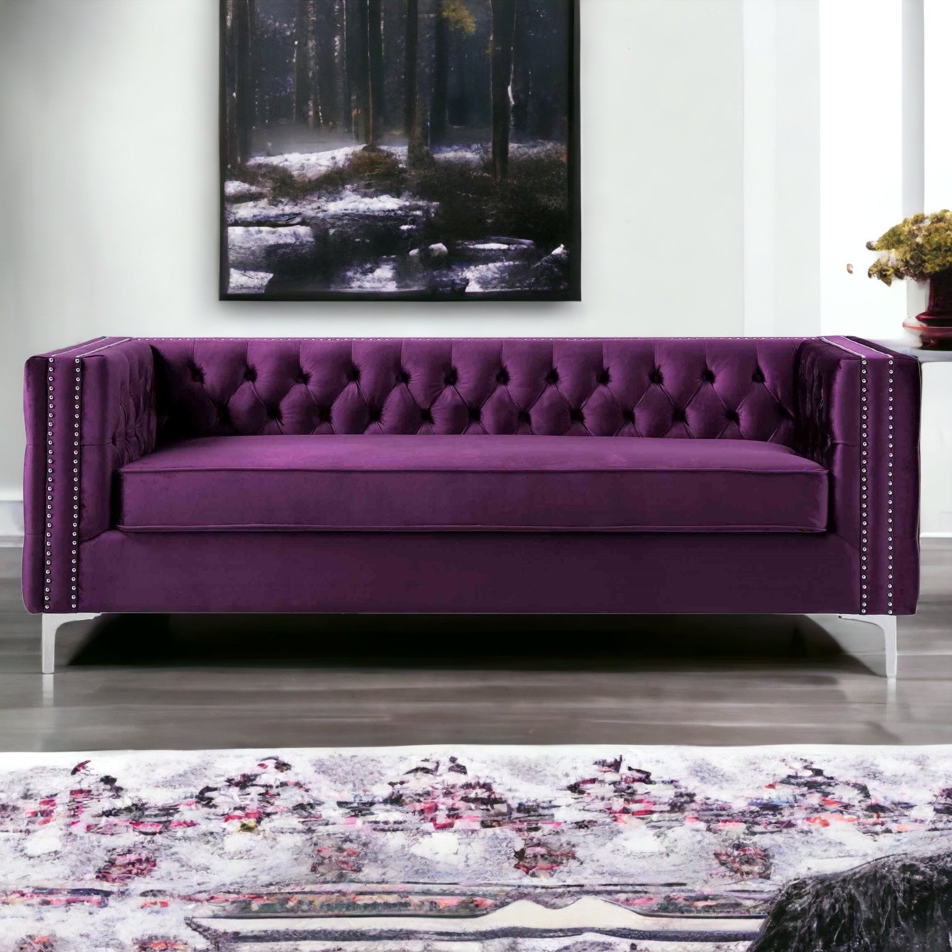 84" Purple And Silver Velvet Sofa