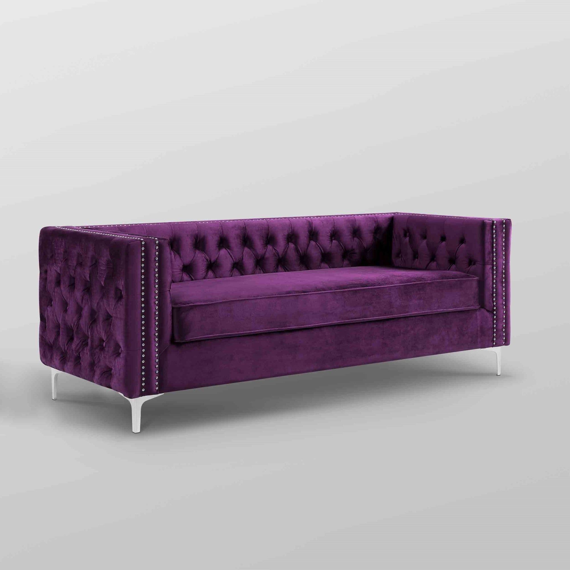 84" Purple And Silver Velvet Sofa