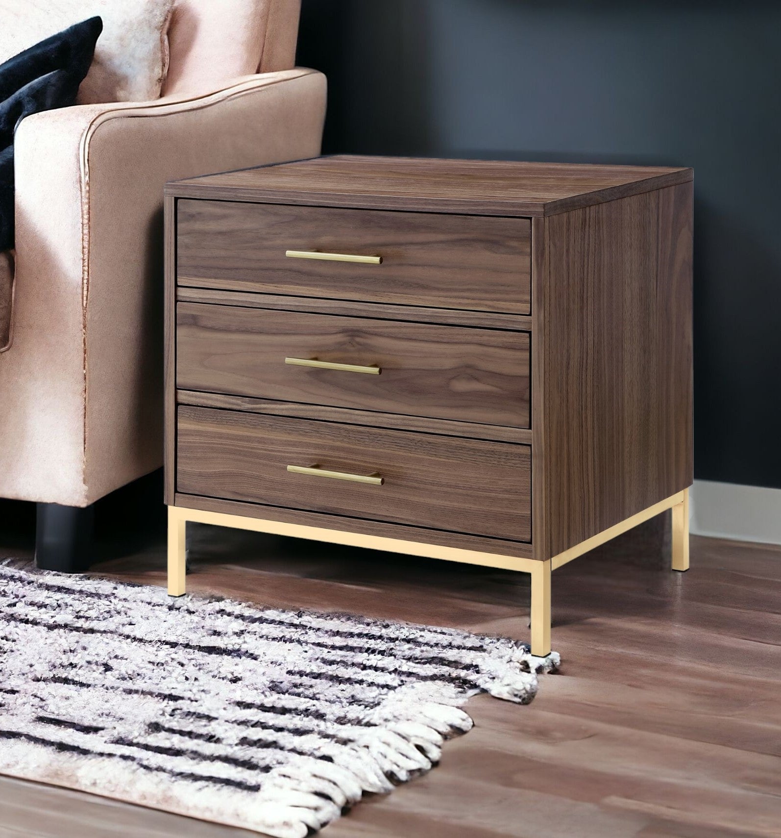 24" Silver Metallic and Black Veneer End Table with Three Drawers