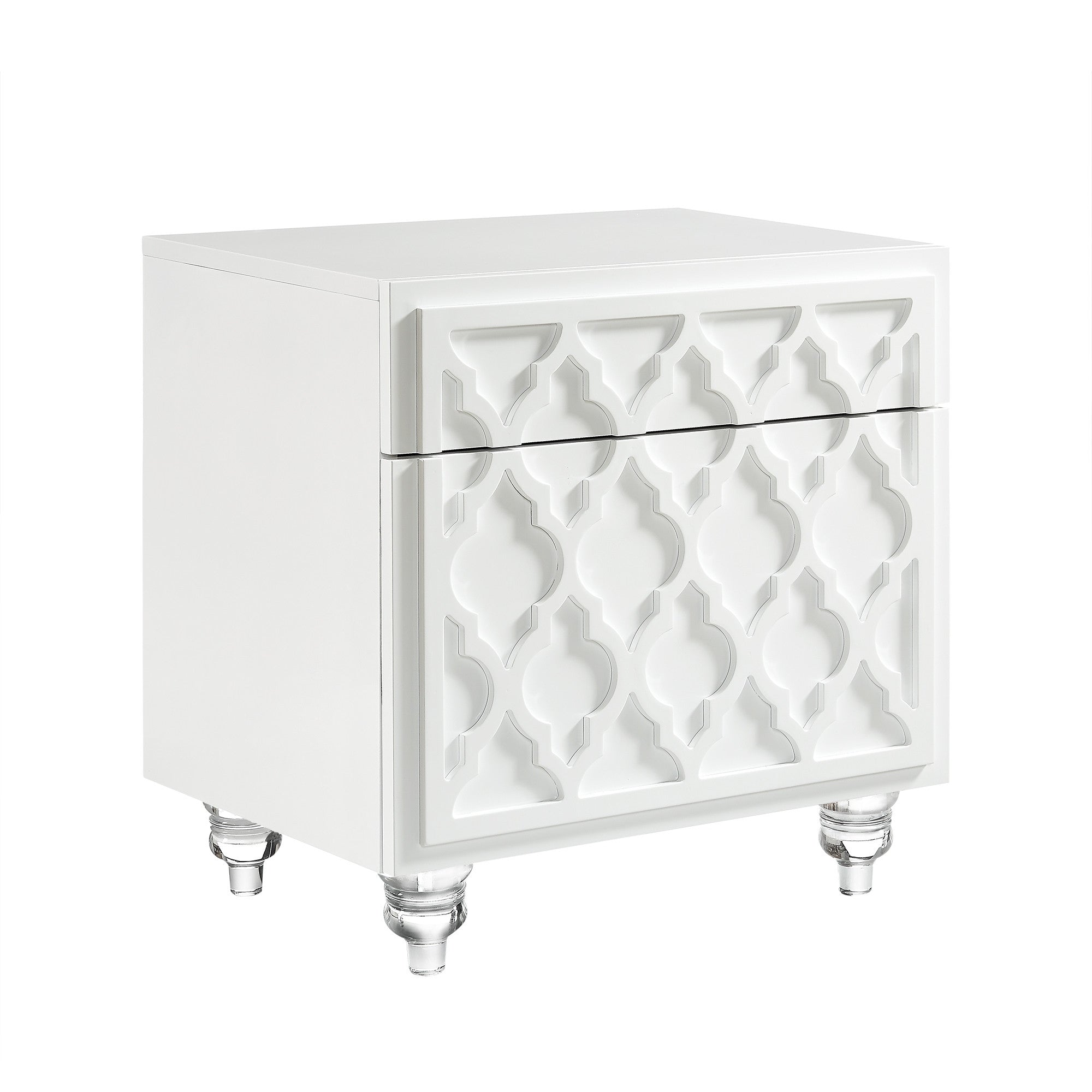 24" Clear and White End Table with Drawer and shelf