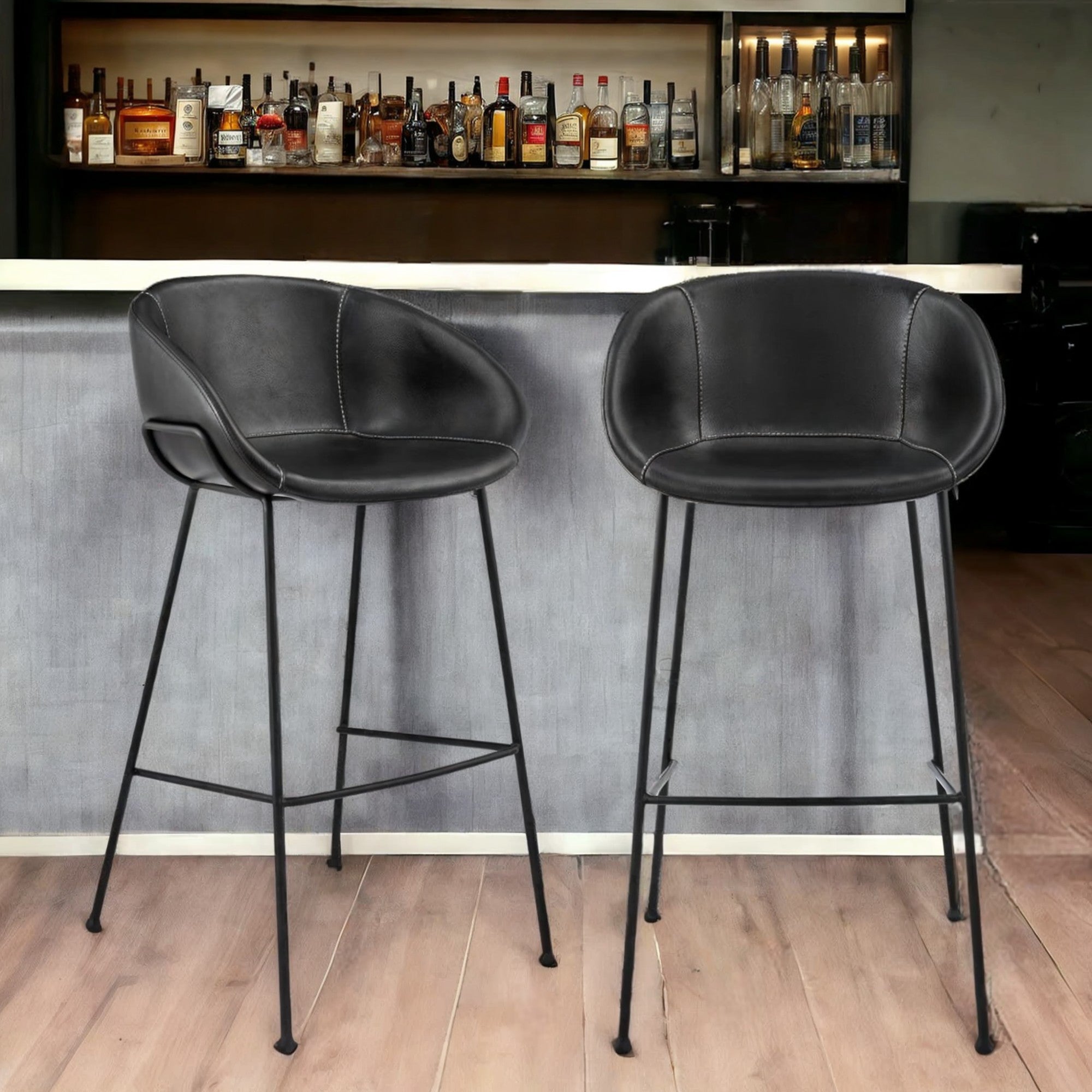 Set of Two 30" Black Faux Leather And Steel Low Back Bar Height Bar Chairs