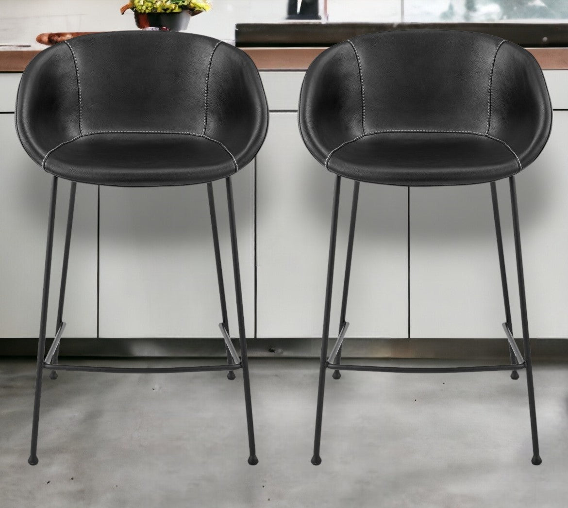 Set of Two 26" Black Faux Leather And Steel Low Back Counter Height Bar Chairs