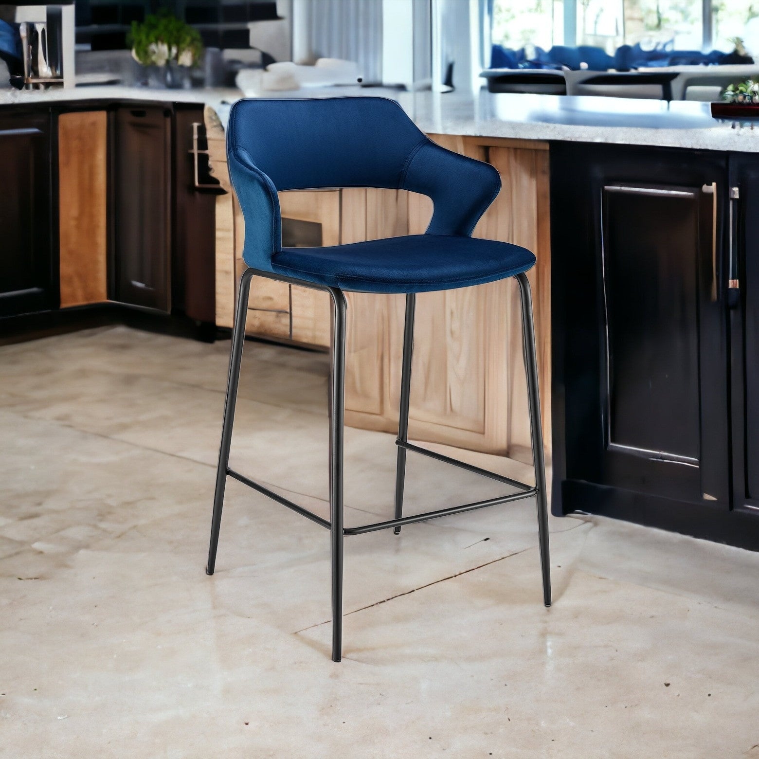 26" Blue And Black Velvet And Steel Low Back Counter Height Bar Chair