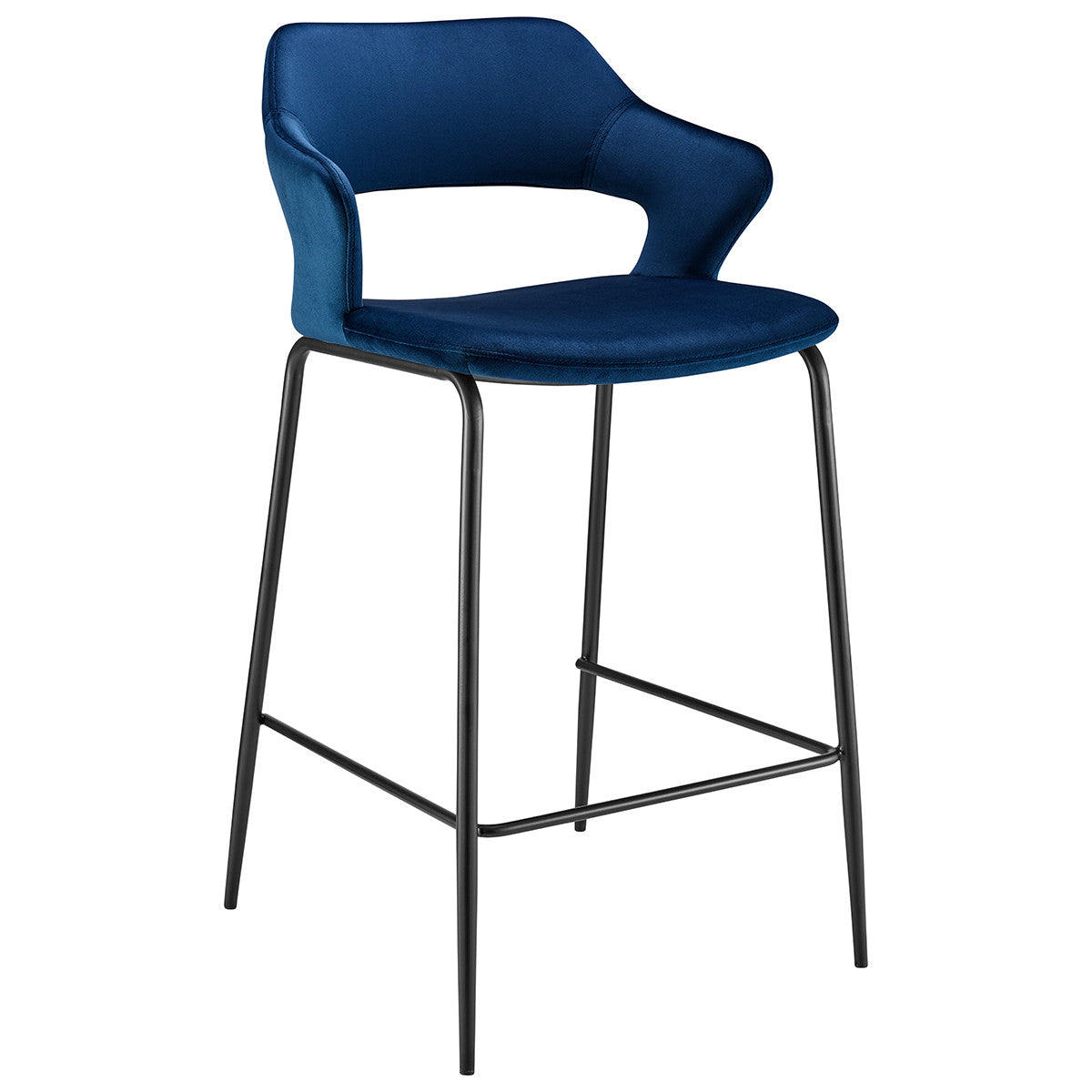 26" Blue And Black Velvet And Steel Low Back Counter Height Bar Chair