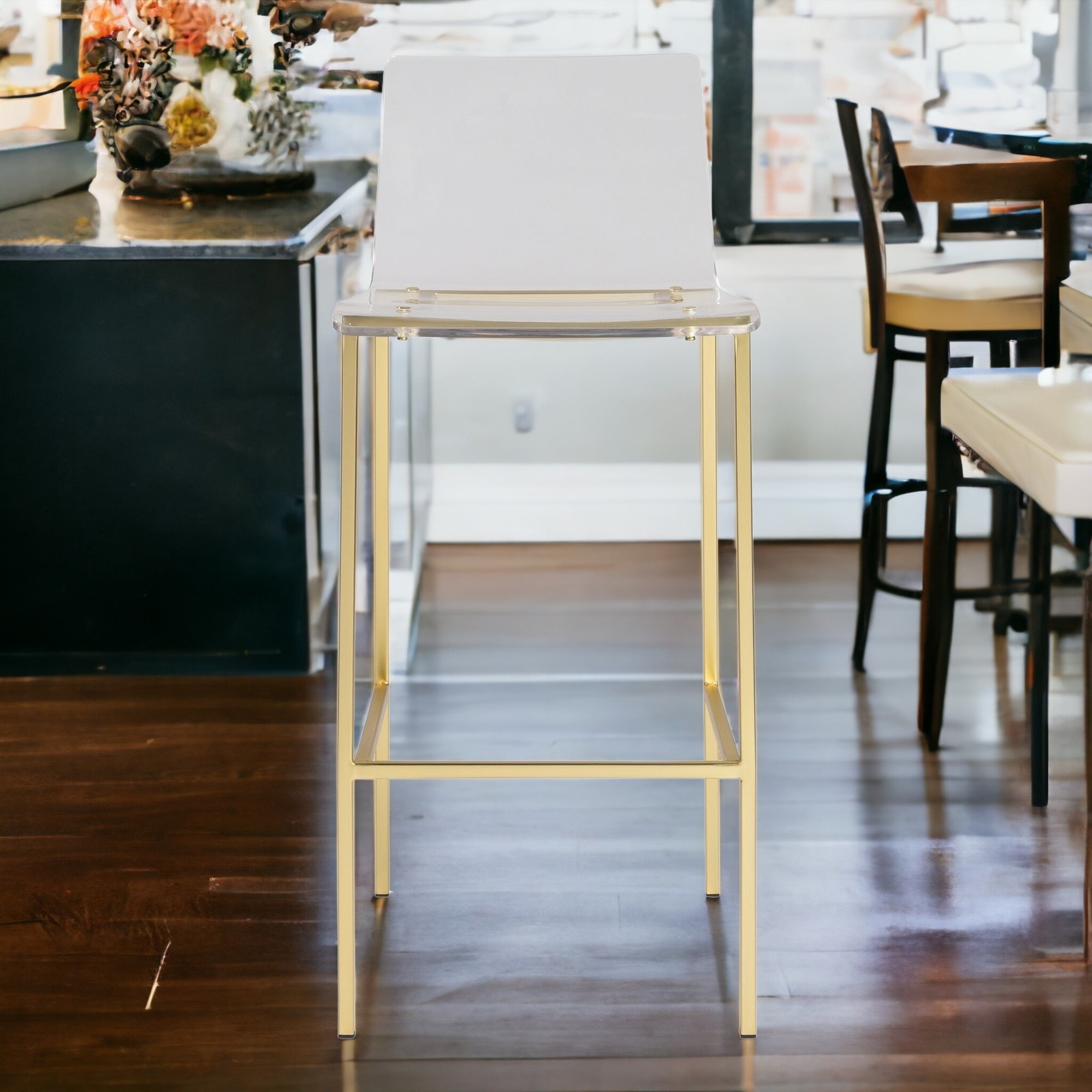 Set of Two 30" Clear And Gold Steel Low Back Bar Height Bar Chairs