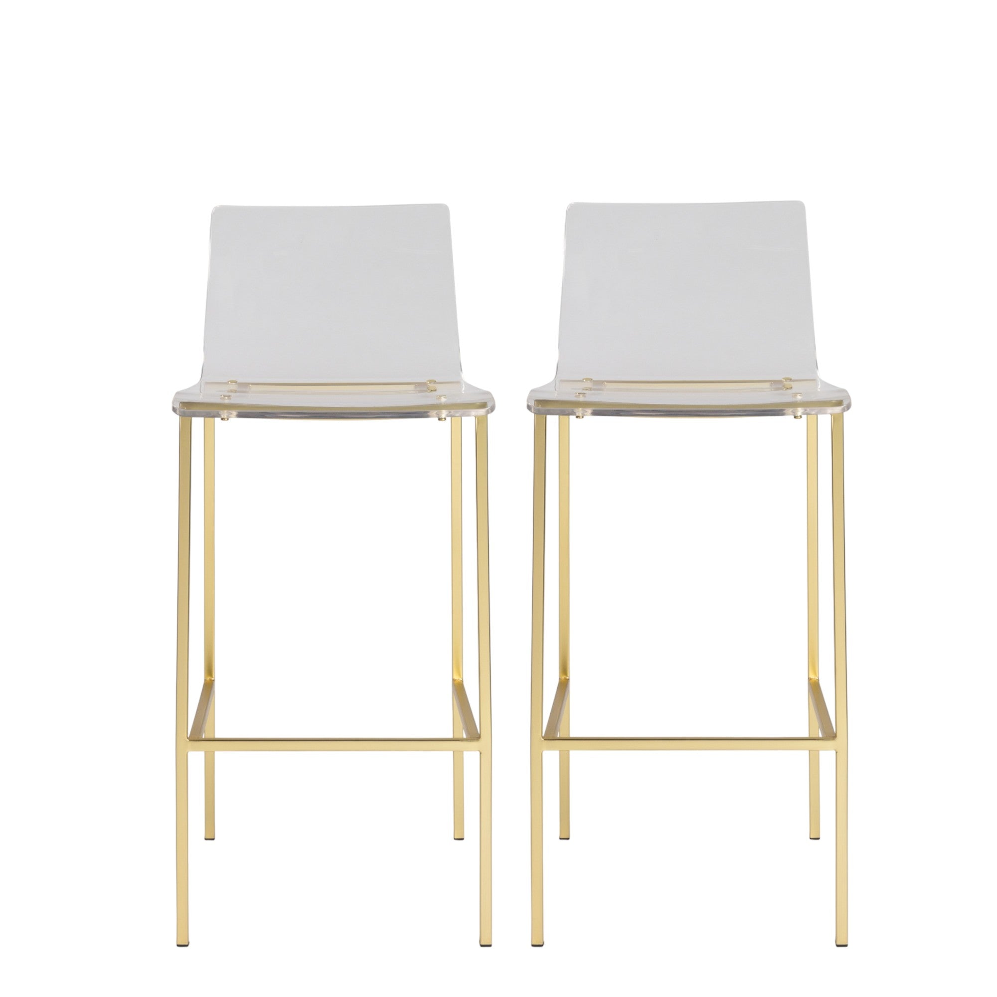 Set of Two 30" Clear And Gold Steel Low Back Bar Height Bar Chairs