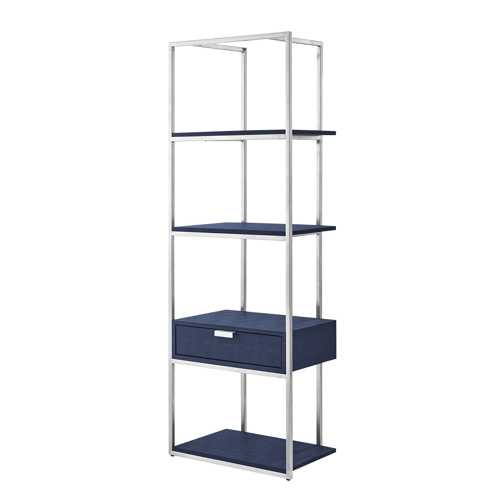 68" Cream Stainless Steel Four Tier Etagere Bookcase with a drawer