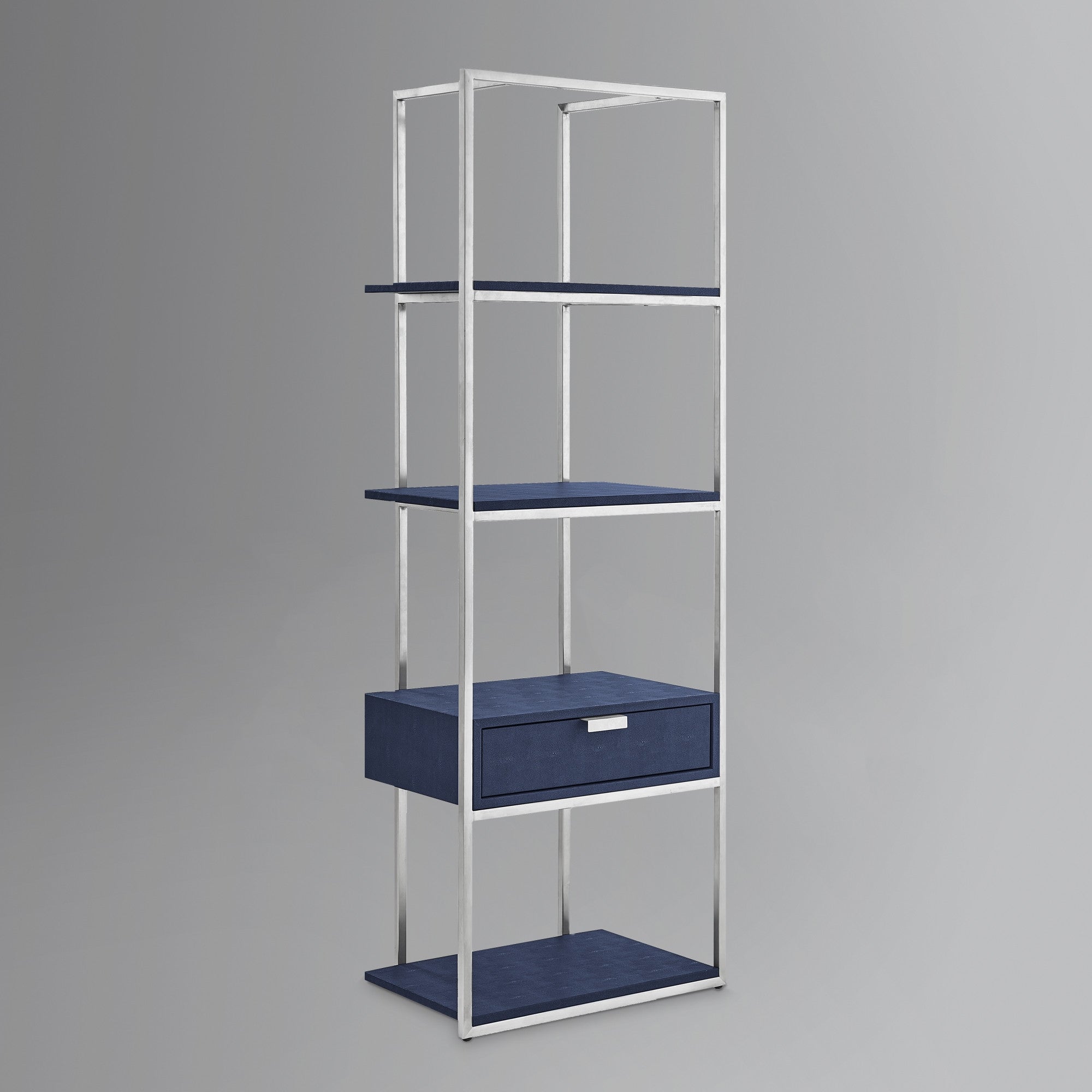 68" Cream Stainless Steel Four Tier Etagere Bookcase with a drawer