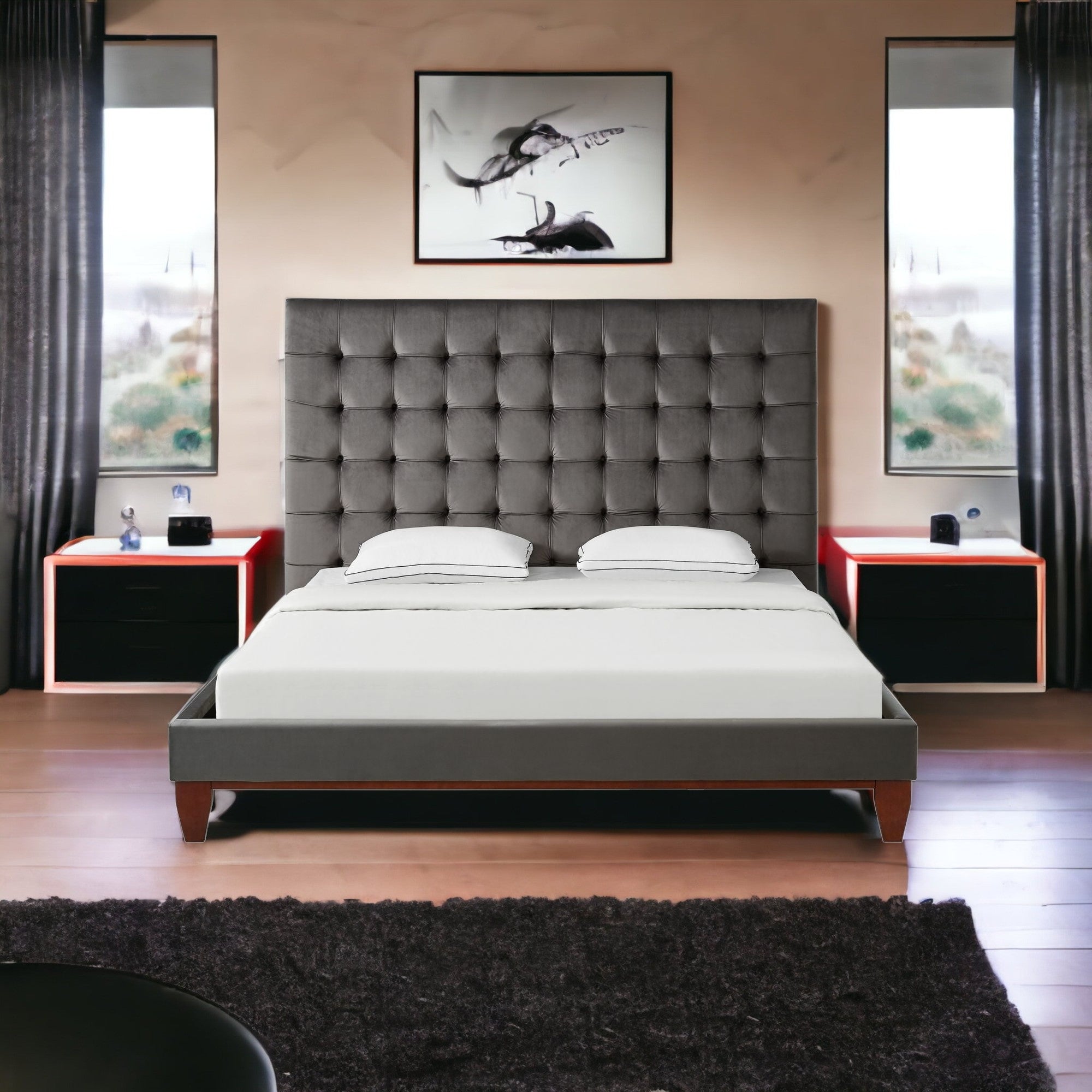 Gray Solid Wood Full Tufted Upholstered Velvet Bed