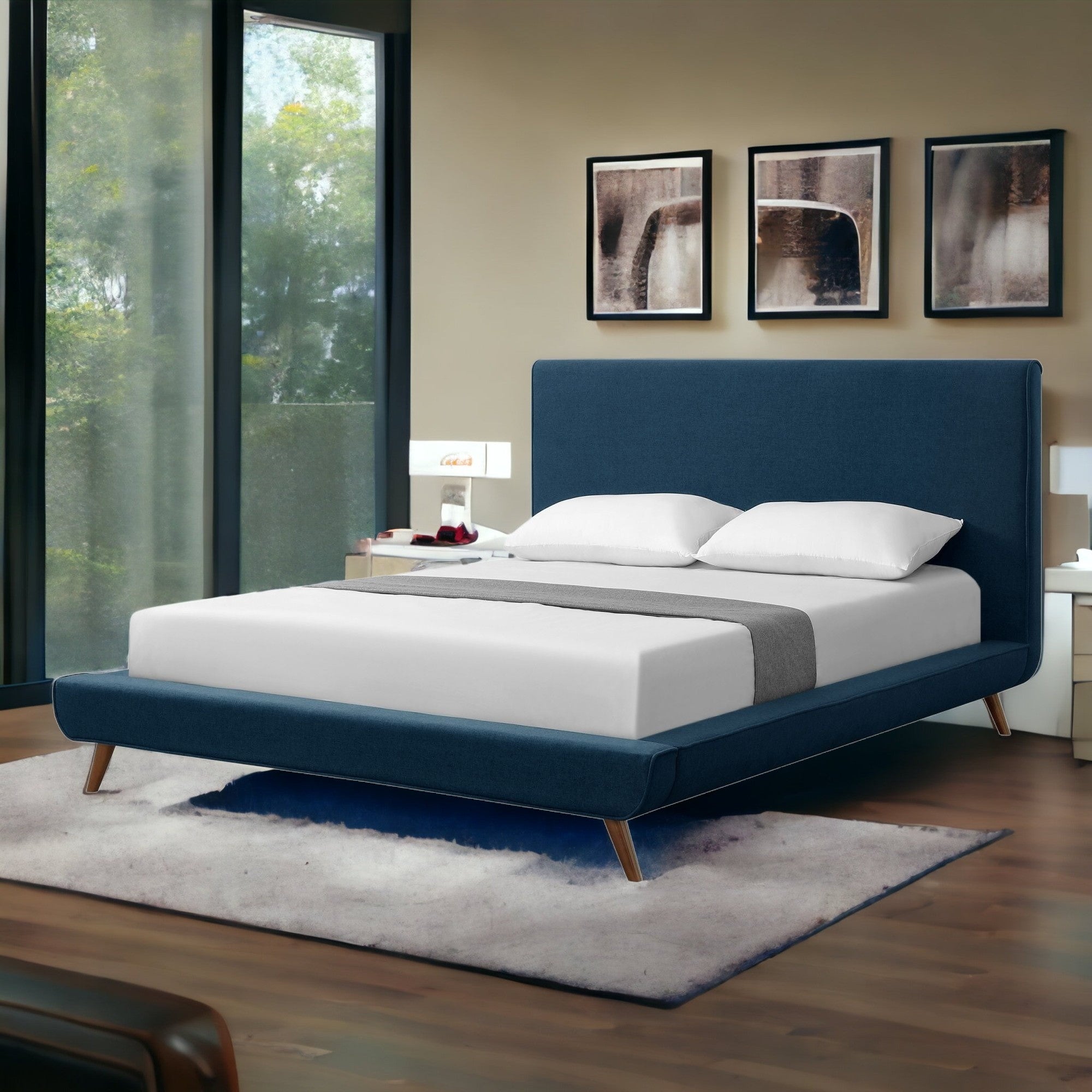 Denim Blue Solid Wood Twin Upholstered Linen Bed