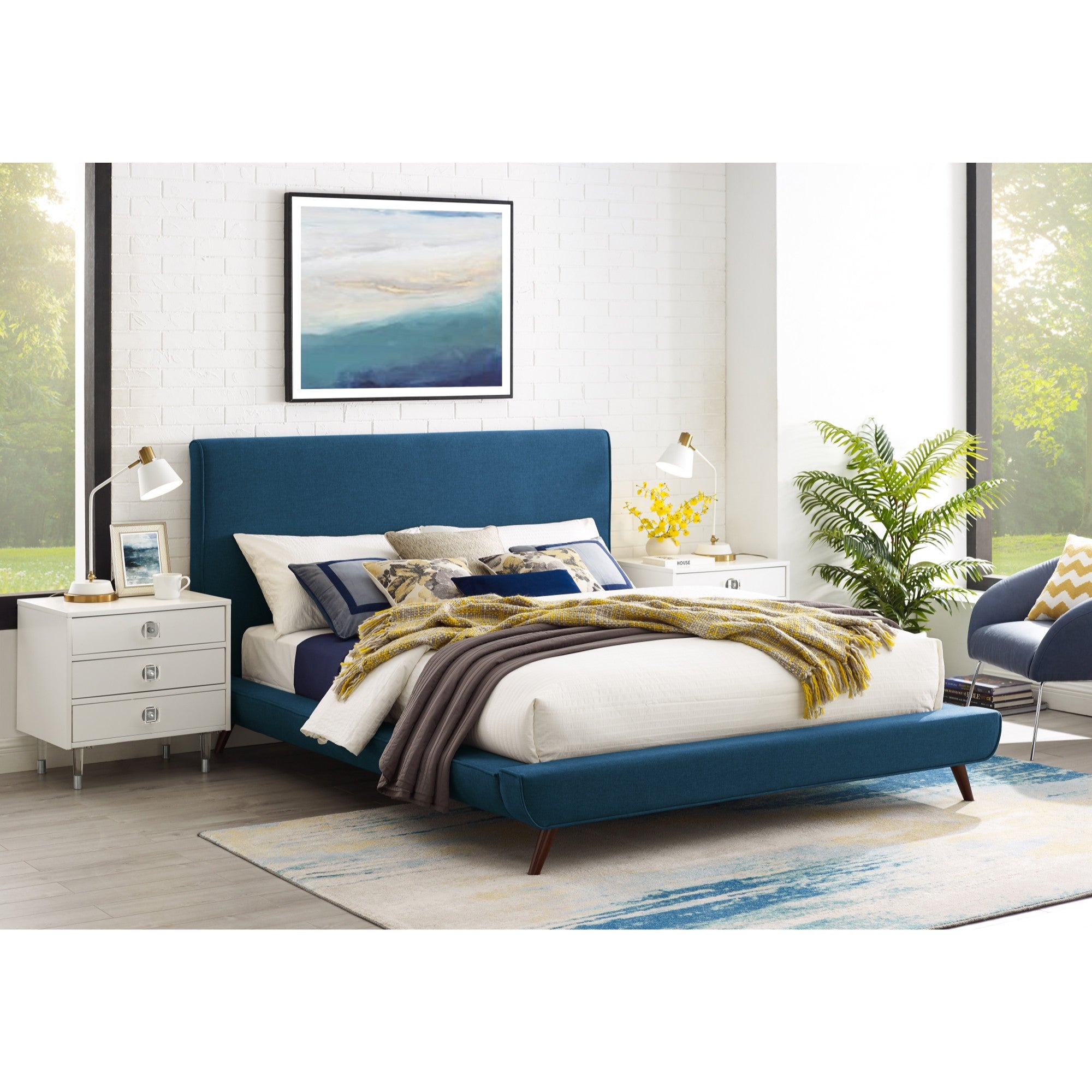 Denim Blue Solid Wood Twin Upholstered Linen Bed