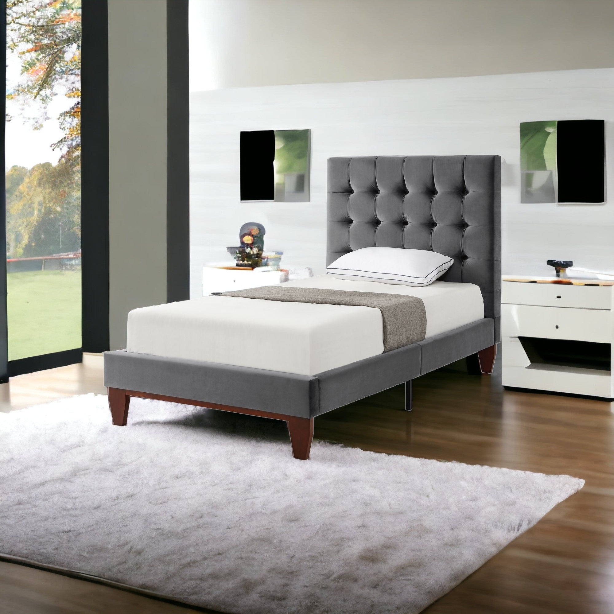 Gray Solid Wood Full Tufted Upholstered Velvet Bed