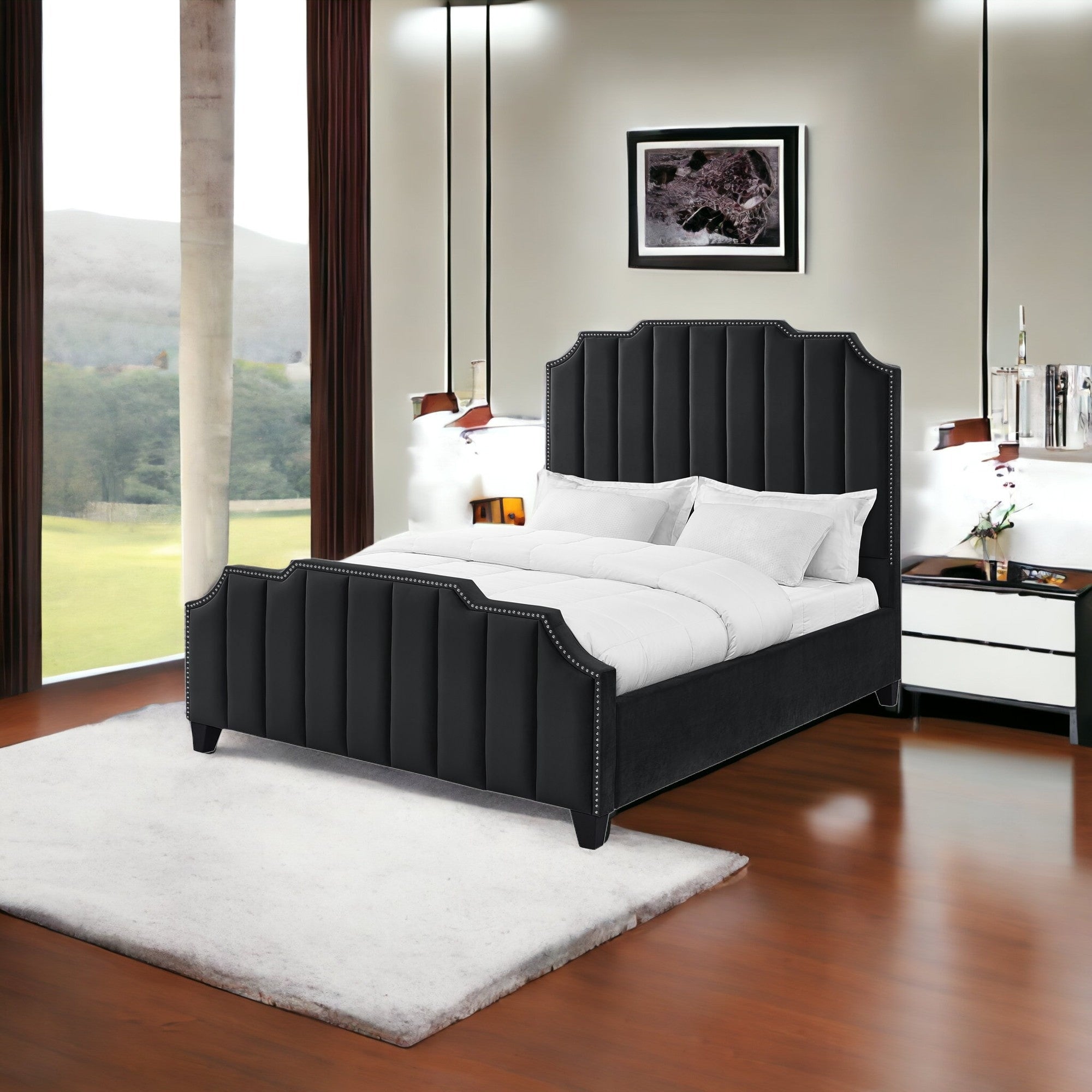 Black Solid Wood King Tufted Upholstered Velvet Bed with Nailhead Trim