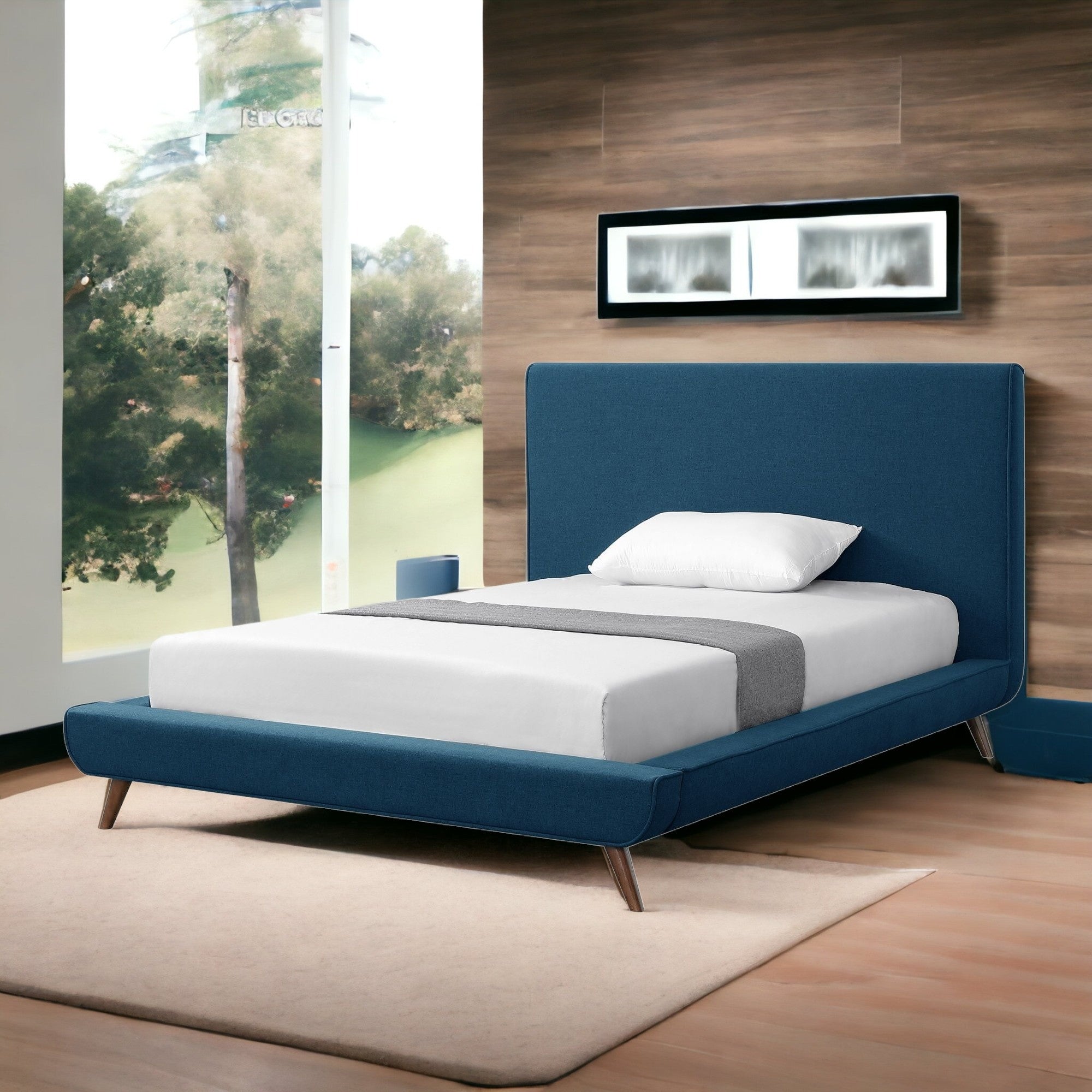 Denim Blue Solid Wood Twin Upholstered Linen Bed