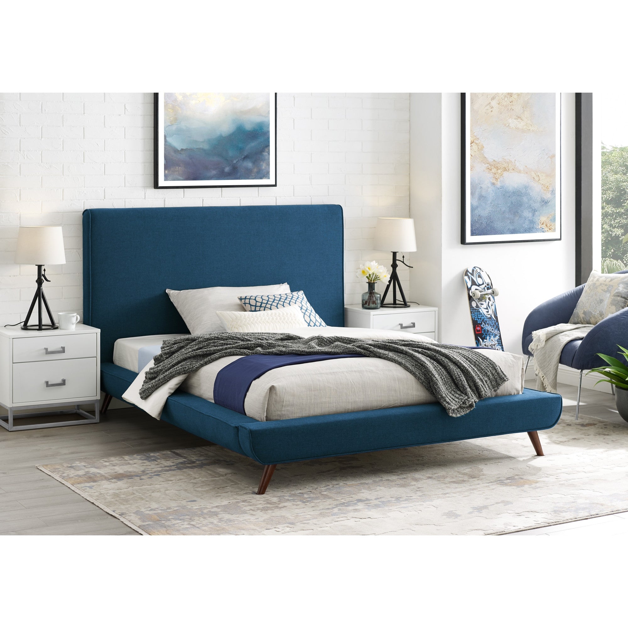 Denim Blue Solid Wood Twin Upholstered Linen Bed