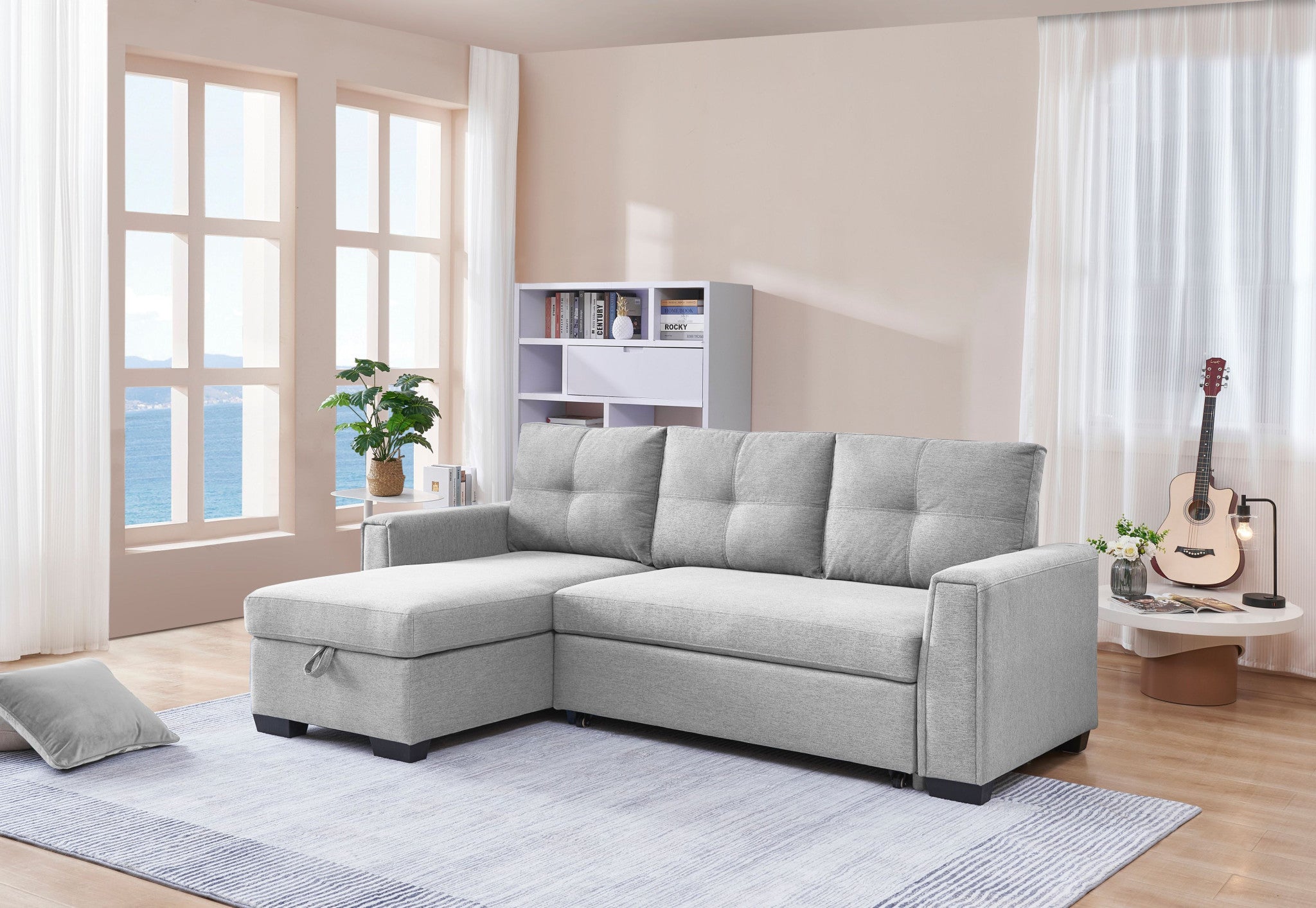 92" Light Gray Polyester Blend Convertible Futon Sleeper Sofa With Black Legs