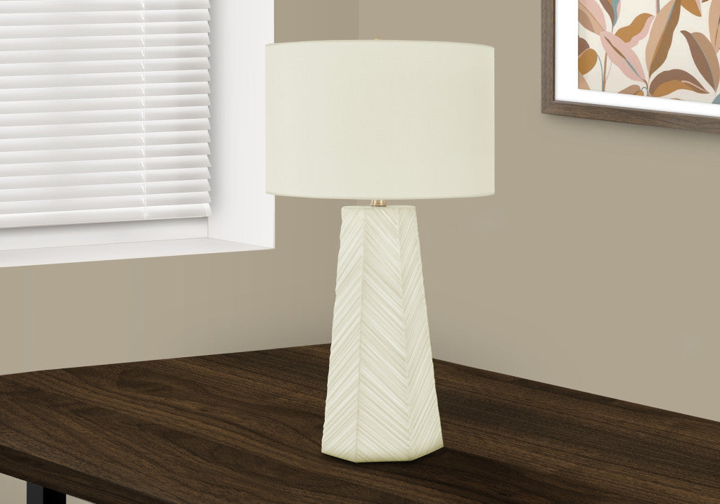 29" White Ceramic Geometric Table Lamp With Ivory Drum Shade