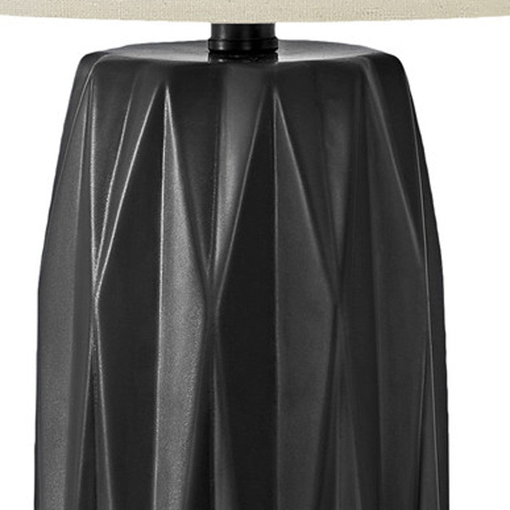 25" Black Ceramic Geometric Table Lamp With Ivory Drum Shade