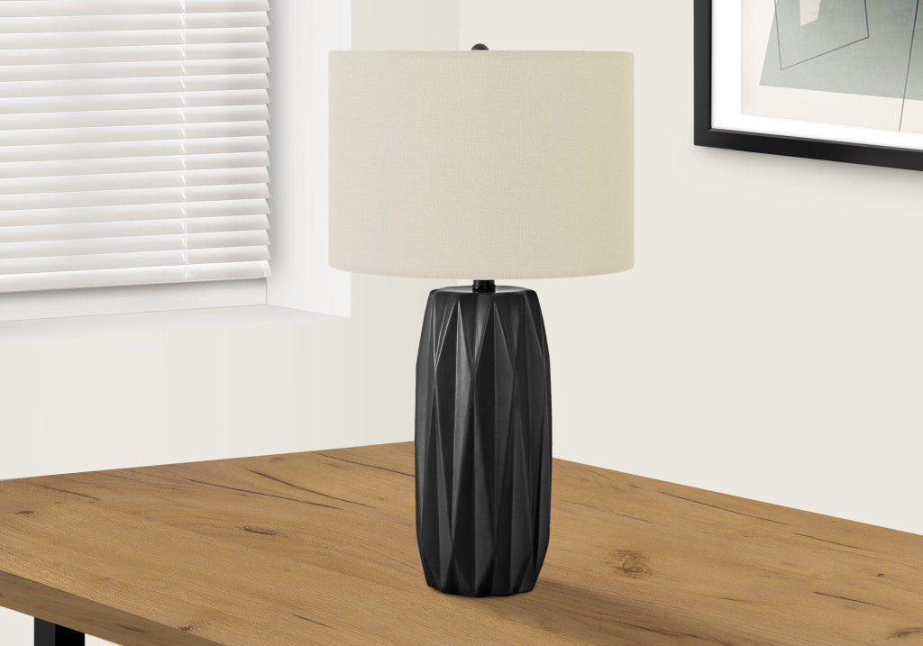 25" Black Ceramic Geometric Table Lamp With Ivory Drum Shade