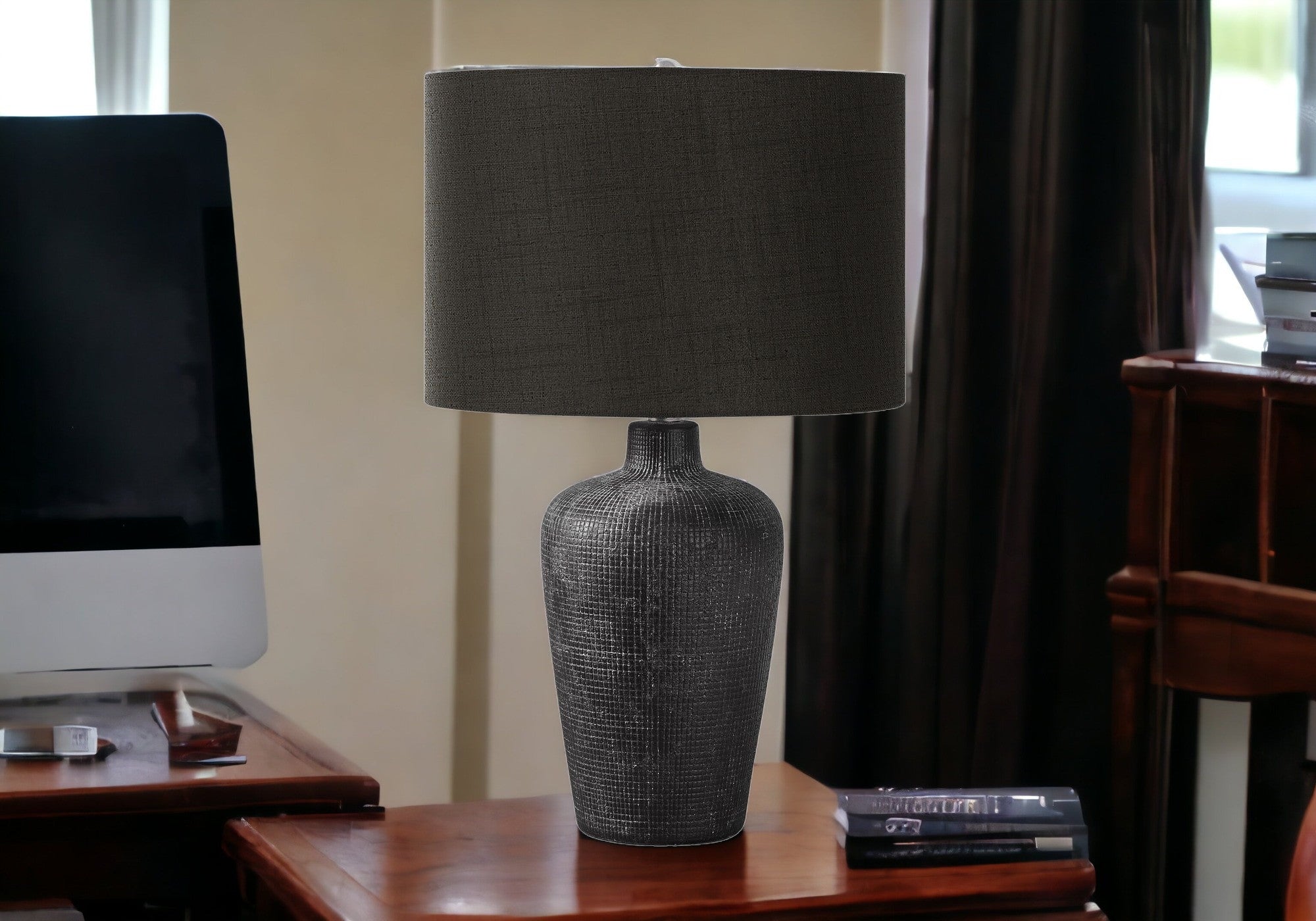 24" Black Ceramic Round Table Lamp With Black Drum Shade