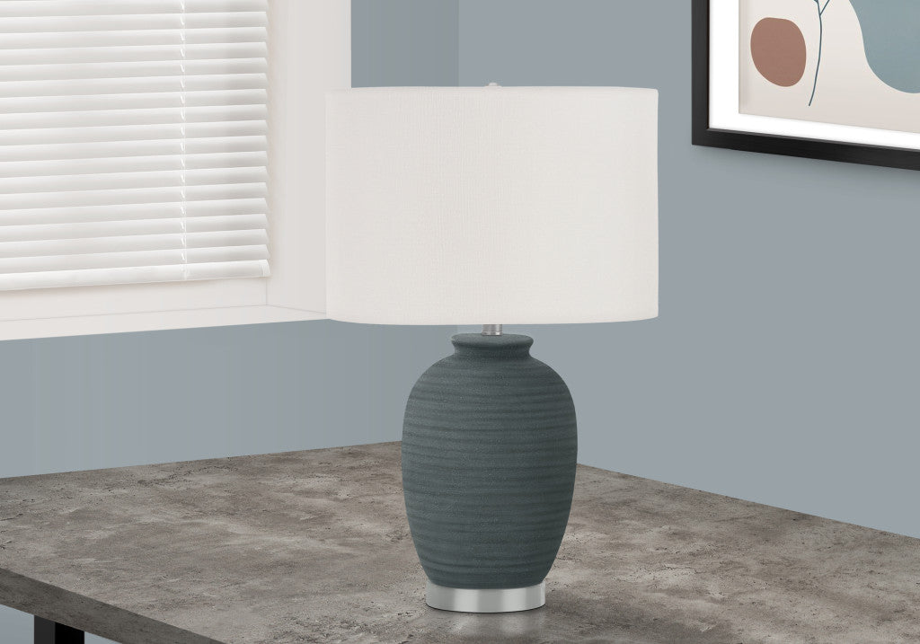 24" Blue and Silver Ceramic Round Table Lamp With Ivory Drum Shade