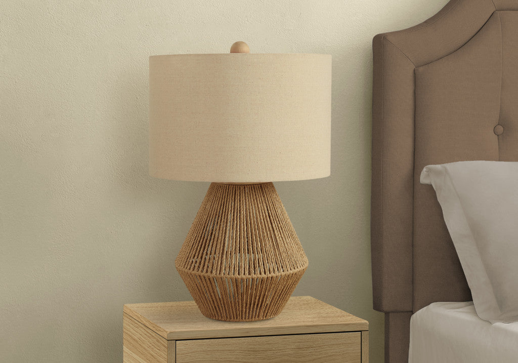 22" Brown Rattan Geometric Table Lamp With Beige Drum Shade