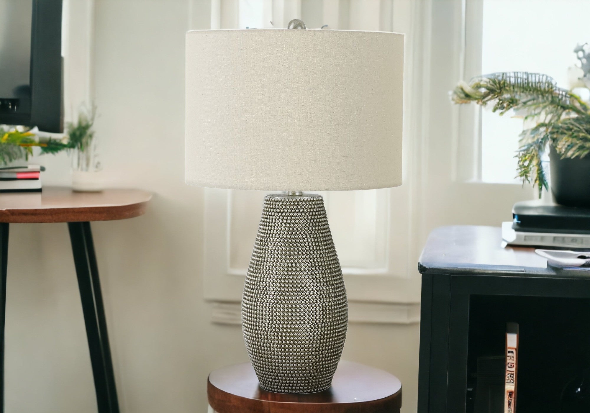 24" Gray Round Table Lamp With Ivory Drum Shade