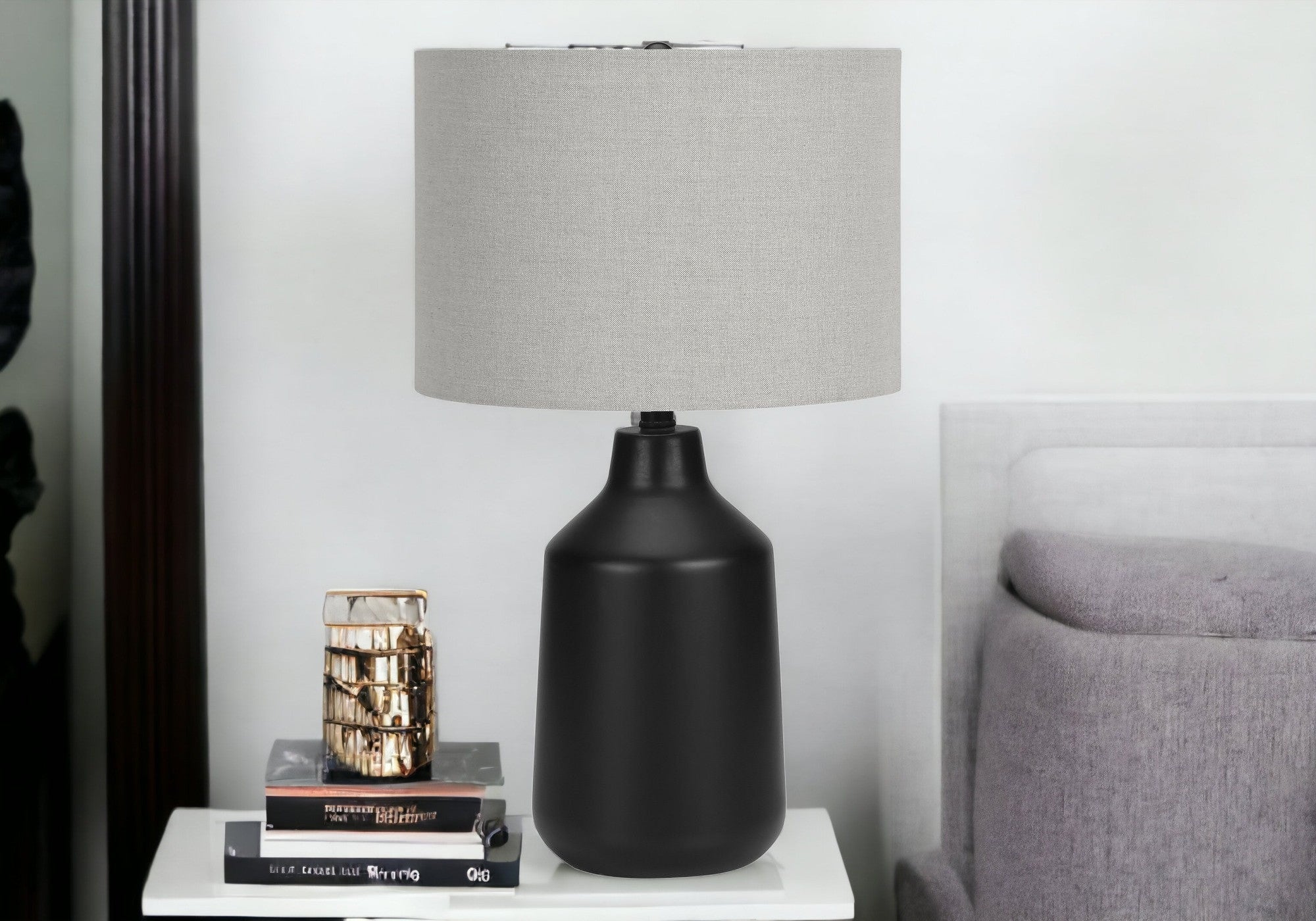 24" Black Concrete Urn Table Lamp With Gray Drum Shade