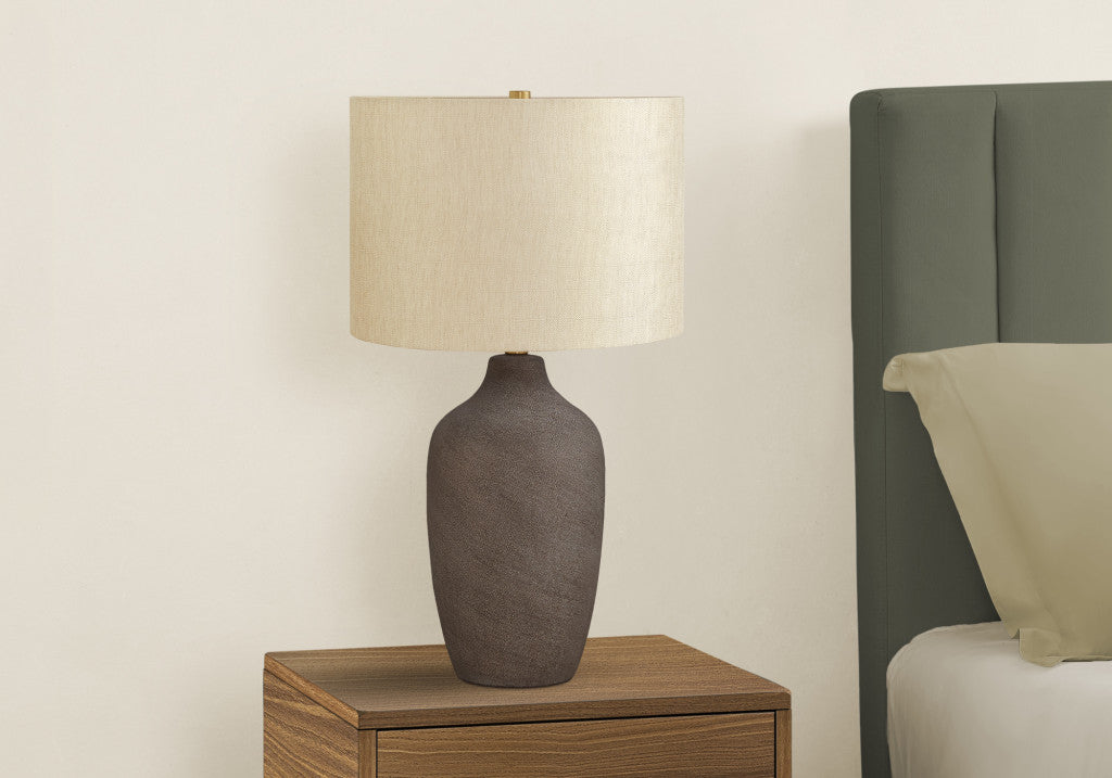 27" Gray Ceramic Urn Table Lamp With Beige Drum Shade