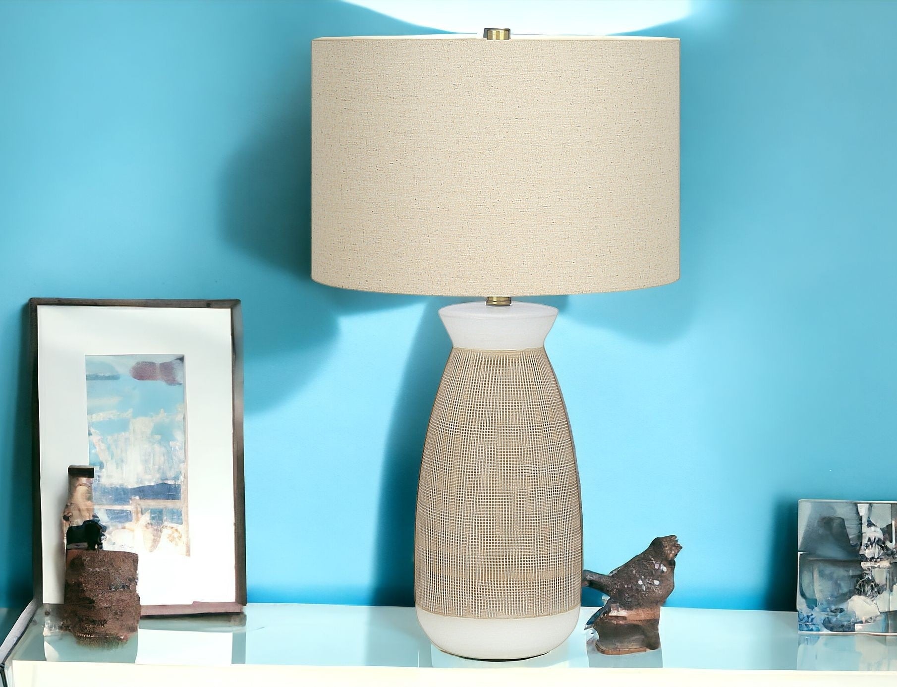 27" Brown and White Ceramic Round Table Lamp With Beige Drum Shade