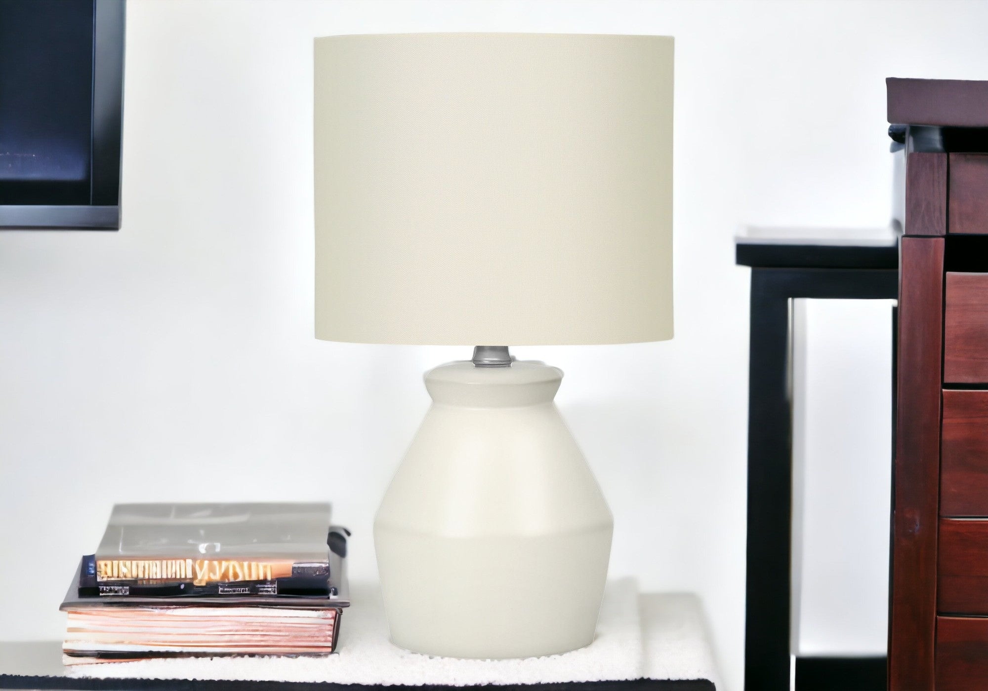 17" Cream Ceramic Geometric Table Lamp With Cream Drum Shade