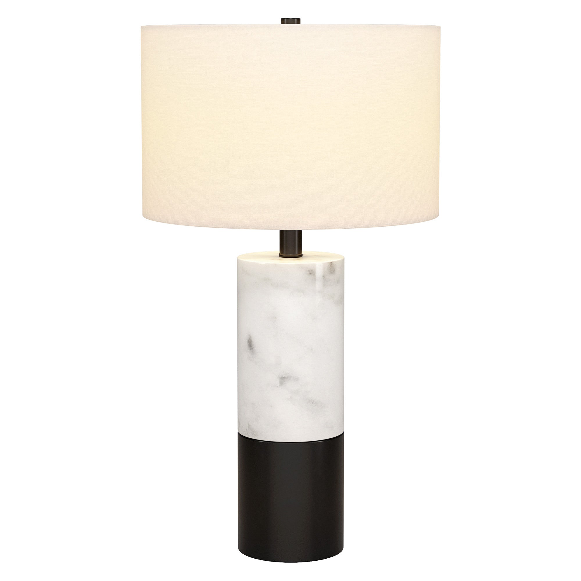 24" Black and White Marble and Metal Cylinder Table Lamp With White Drum Shade