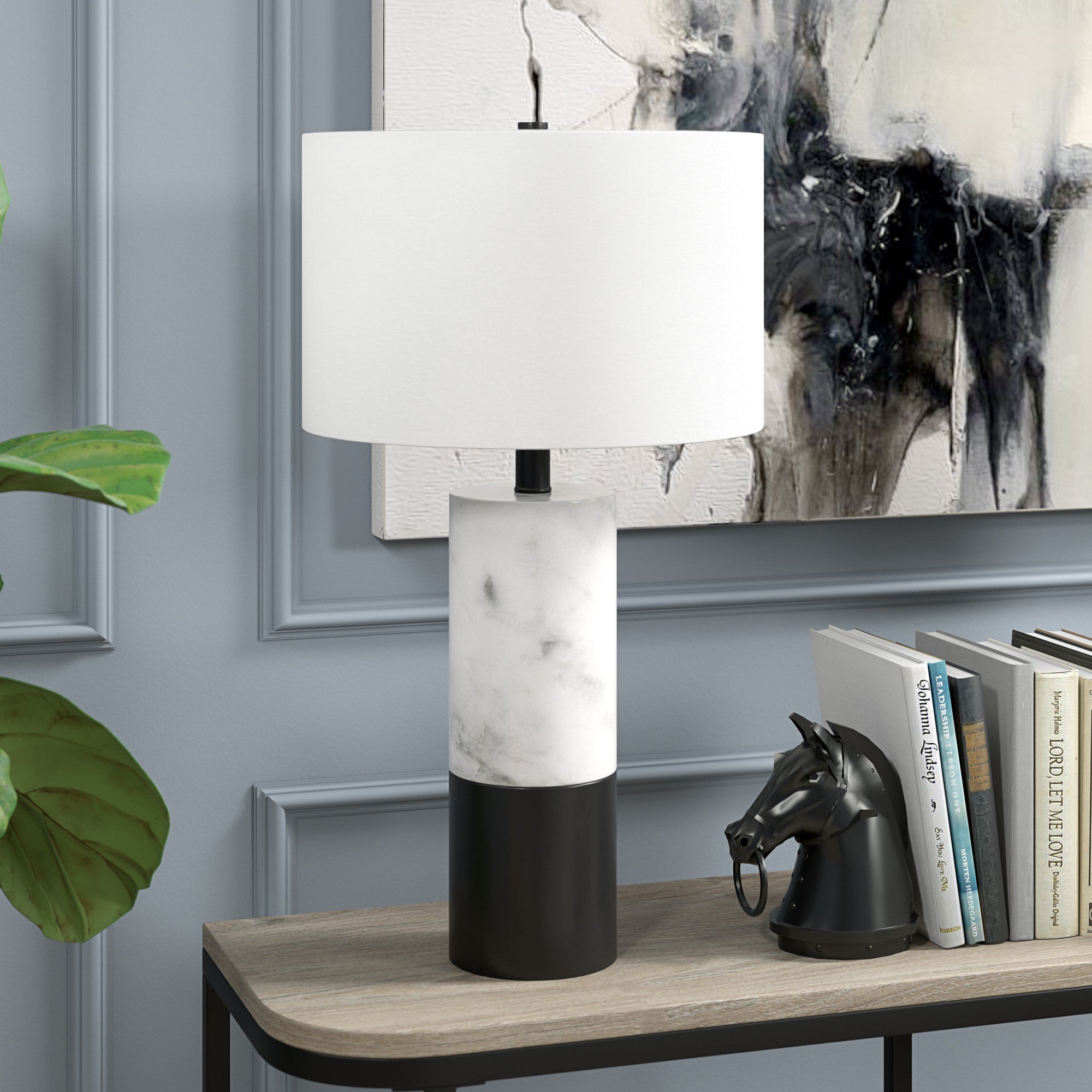 24" Black and White Marble and Metal Cylinder Table Lamp With White Drum Shade