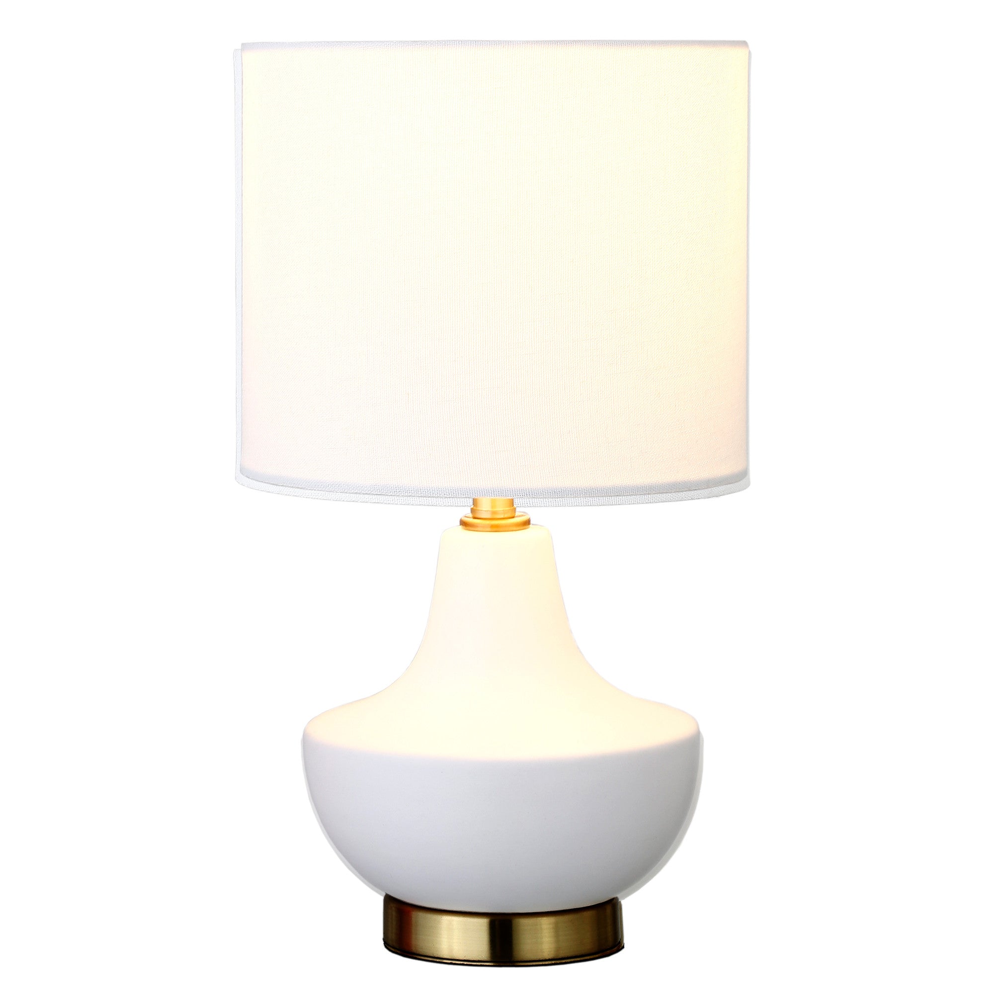 14" Gold and White Ceramic Urn Table Lamp With White Drum Shade