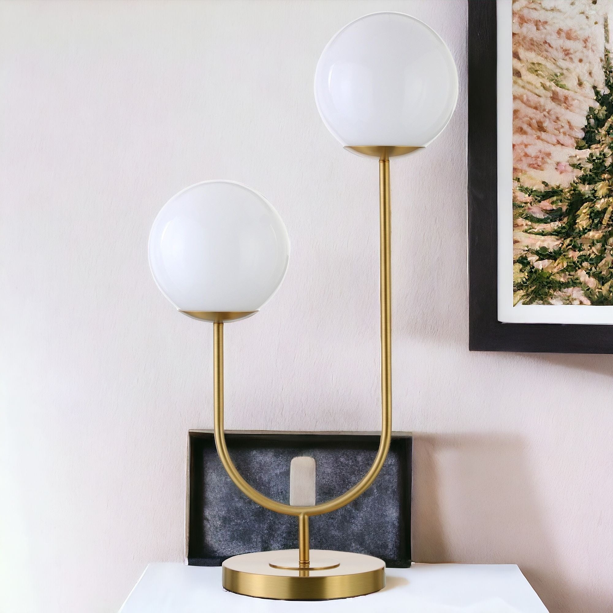 28" Gold Metal Two Light Novelty Globe Table Lamp With White Globe Shade