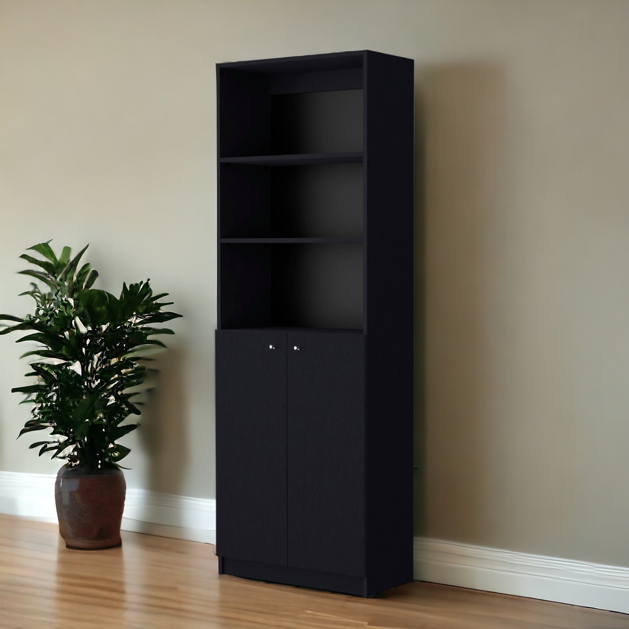 71" Black Five Tier Bookcase with Two doors